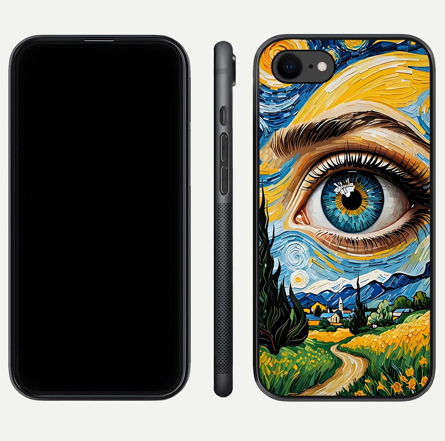 Van Gogh Eye Glass Case for iPhone 16 Pro front & back layout showing brushstroke detail and smooth finish