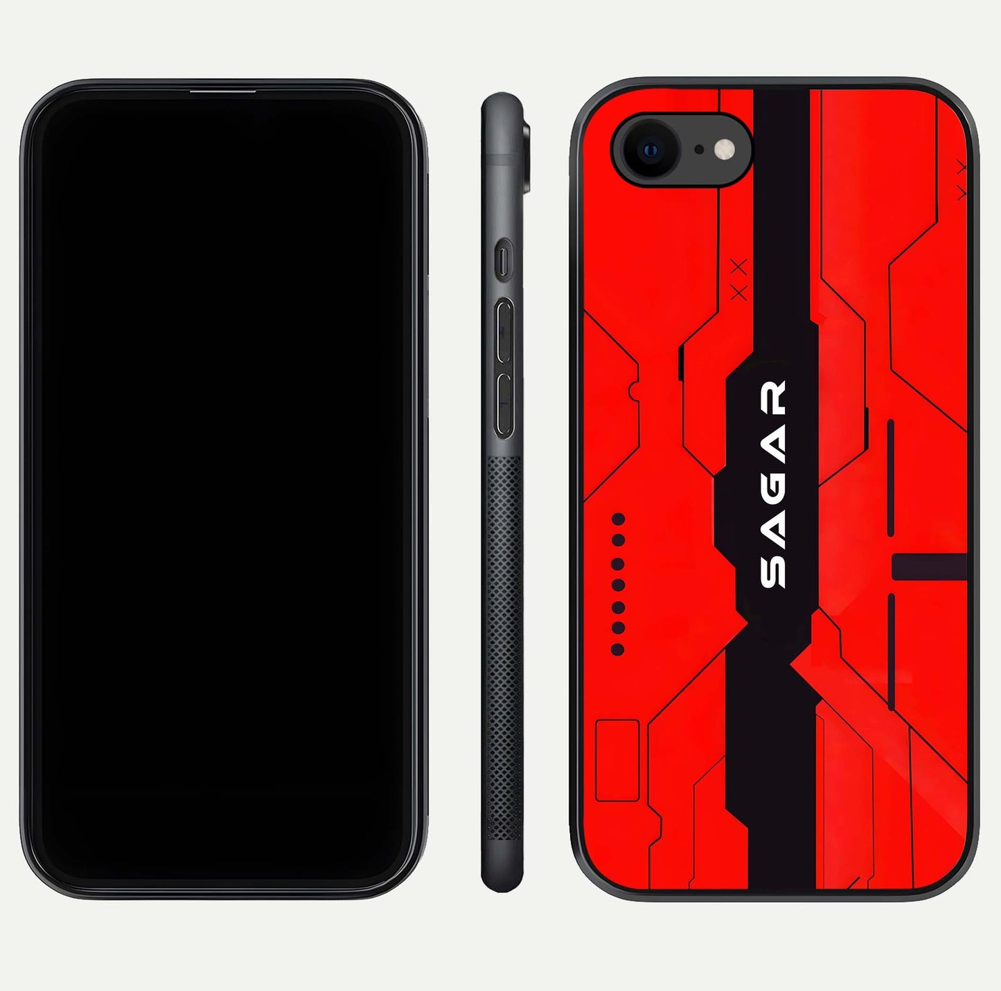 Voltage Rise CYBERPUNK Custom Name Glass Case for iPhone 7 front & back layout showing futuristic tones and sleek edge