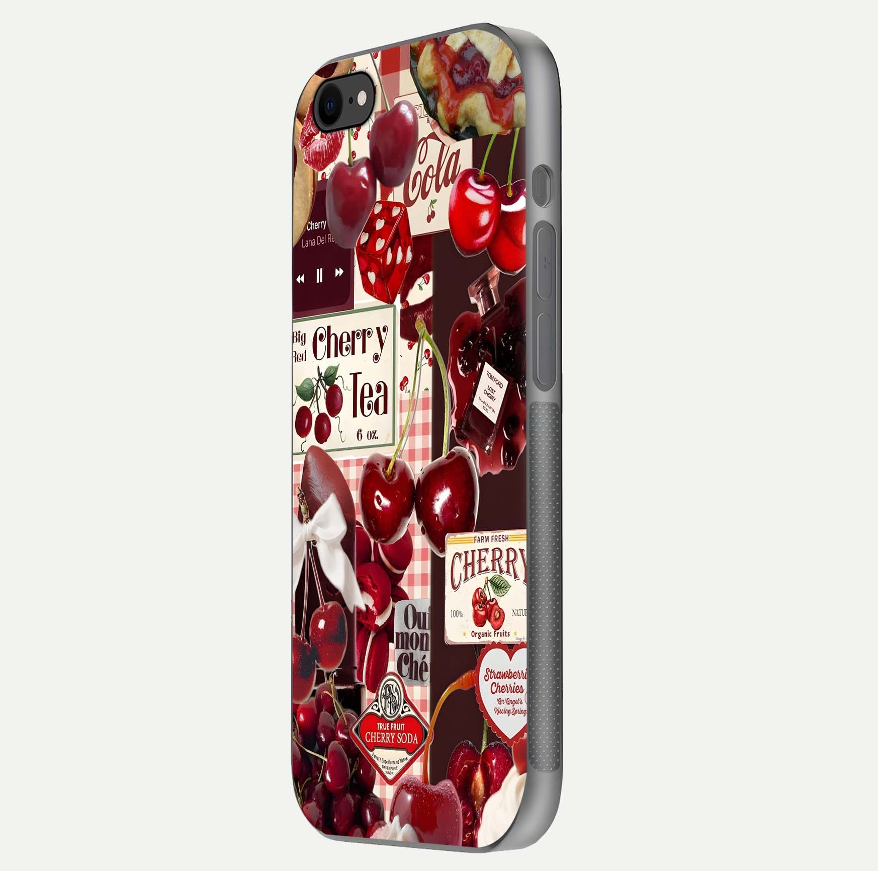 Aesthetic Cherry Tea Glass Case for iPhone 16 Pro side-angle image showing cherry collage print, camera module, and glossy finish reflection