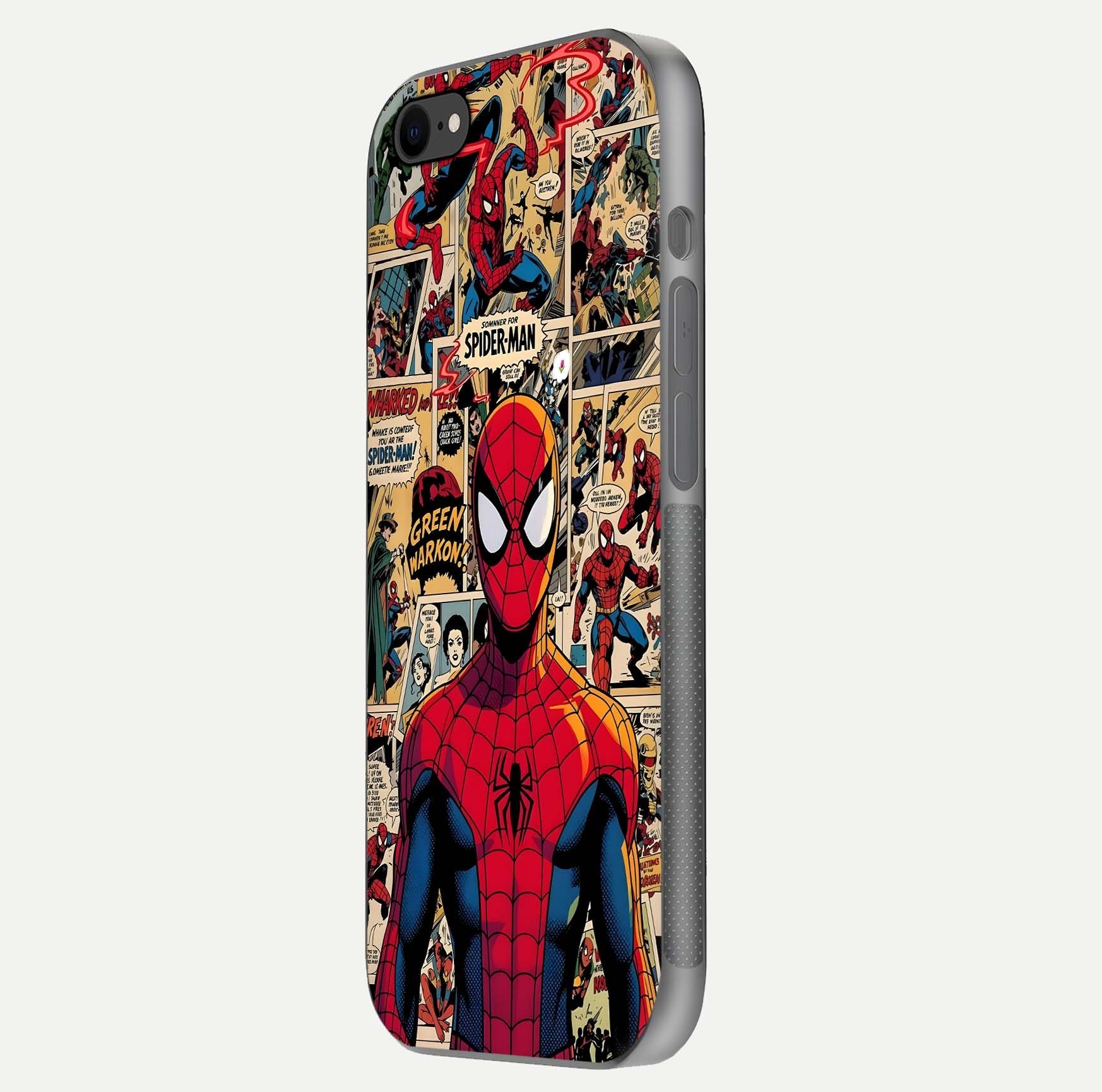 Aesthetic Spider Man Glass Case for iPhone 16 Pro side-angle image showing superhero comic print, camera module, and glossy finish reflection