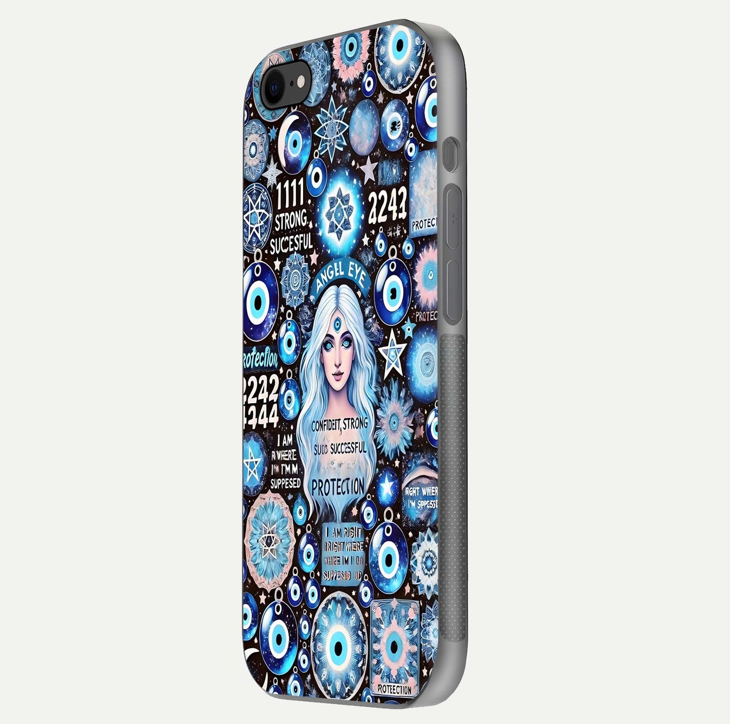 Angel Aura Shield Glass Case for iPhone 16 Pro side-angle photo showcasing aura details and glossy surface reflection