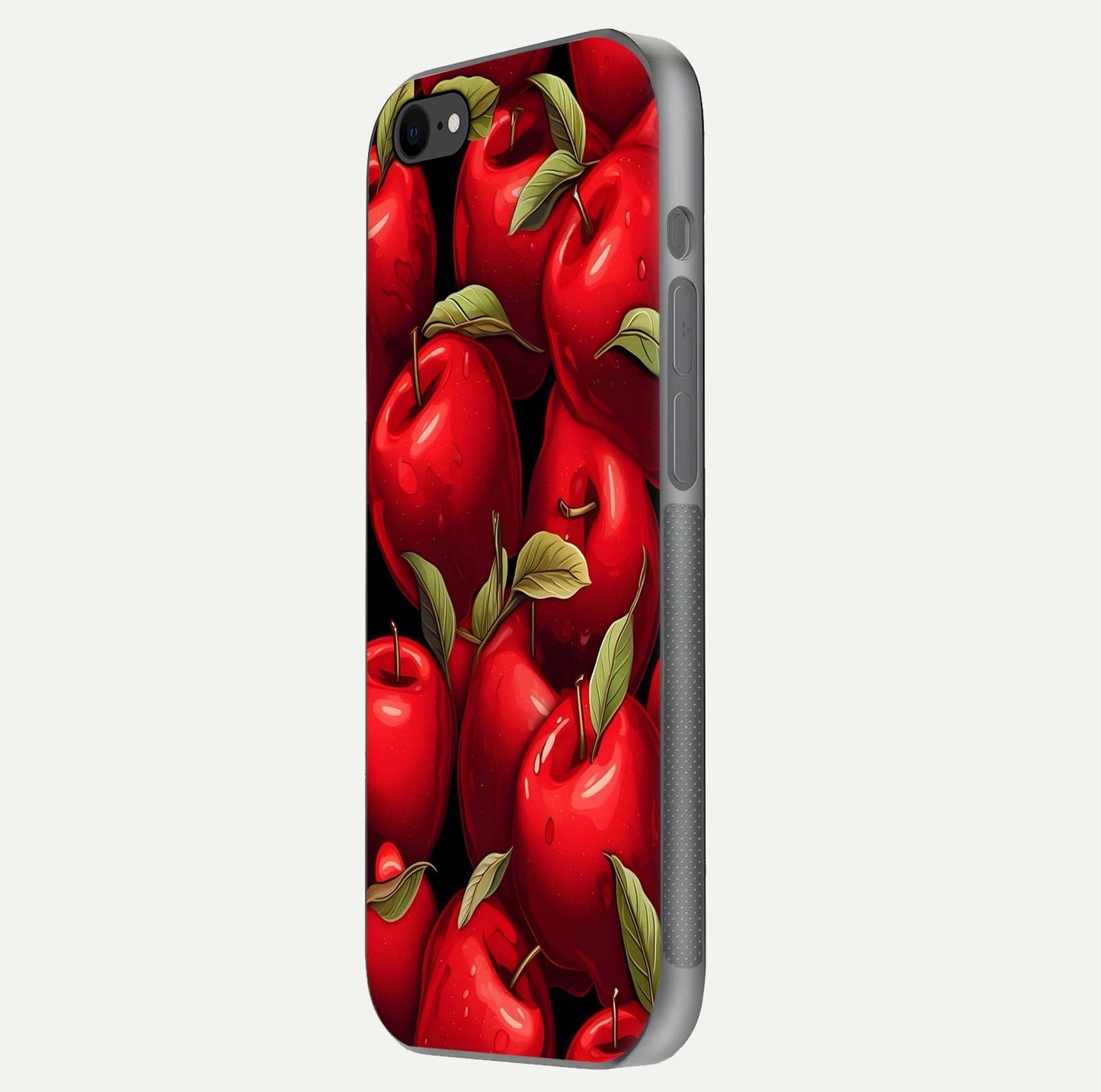 Apple Pattern Glass Case for iPhone 7 side-angle image showcasing minimalist apple print and gloss reflection