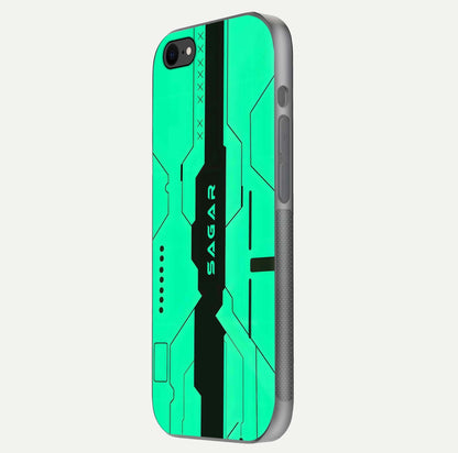 Aqua Tech CYBERPUNK Custom Name Glass Case for iPhone 7 side-angle image with glowing edges and glossy surface