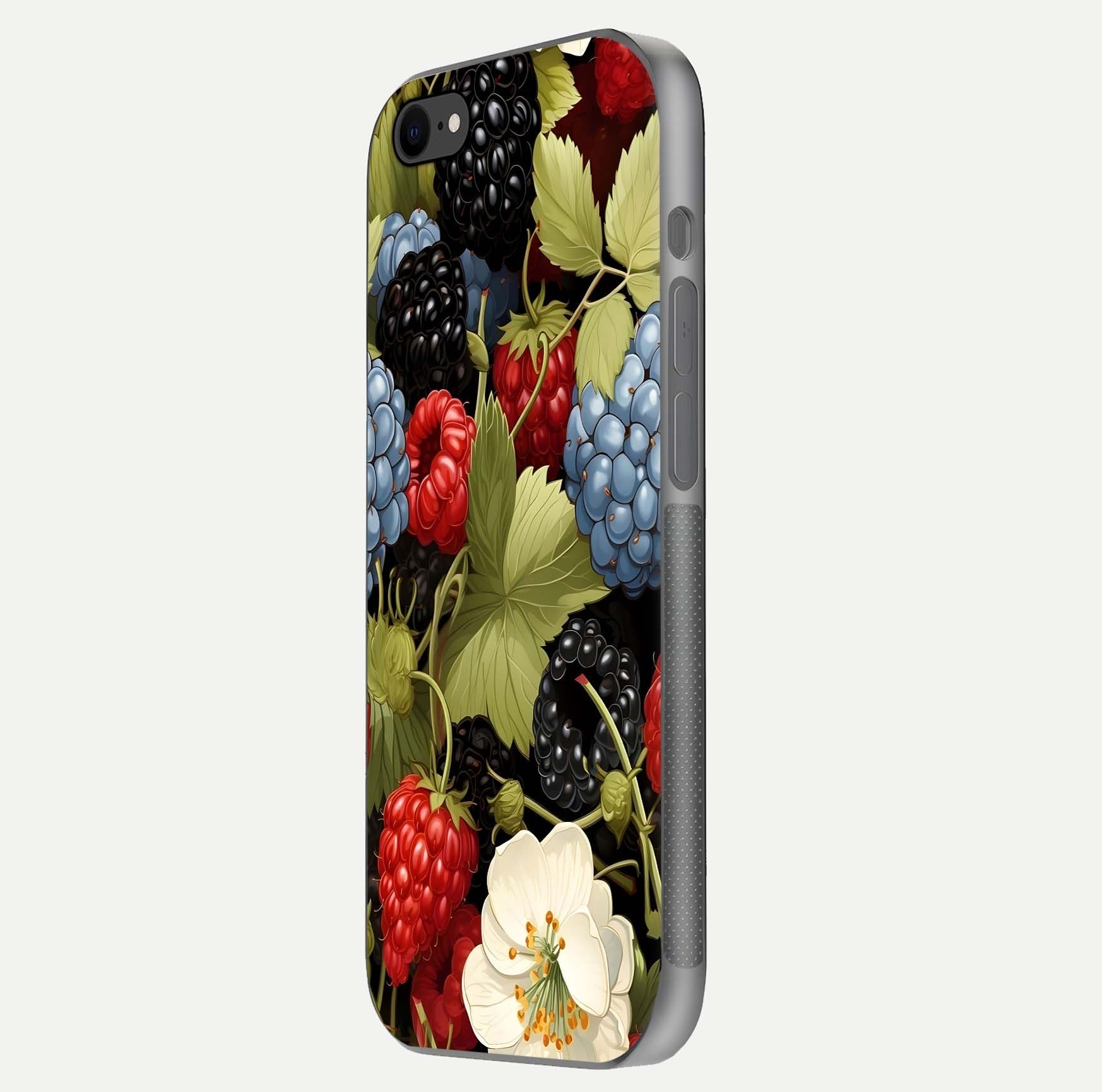 Berry Bloom Charm Glass Case for iPhone 7 side-angle image showing floral texture and high-definition print gloss