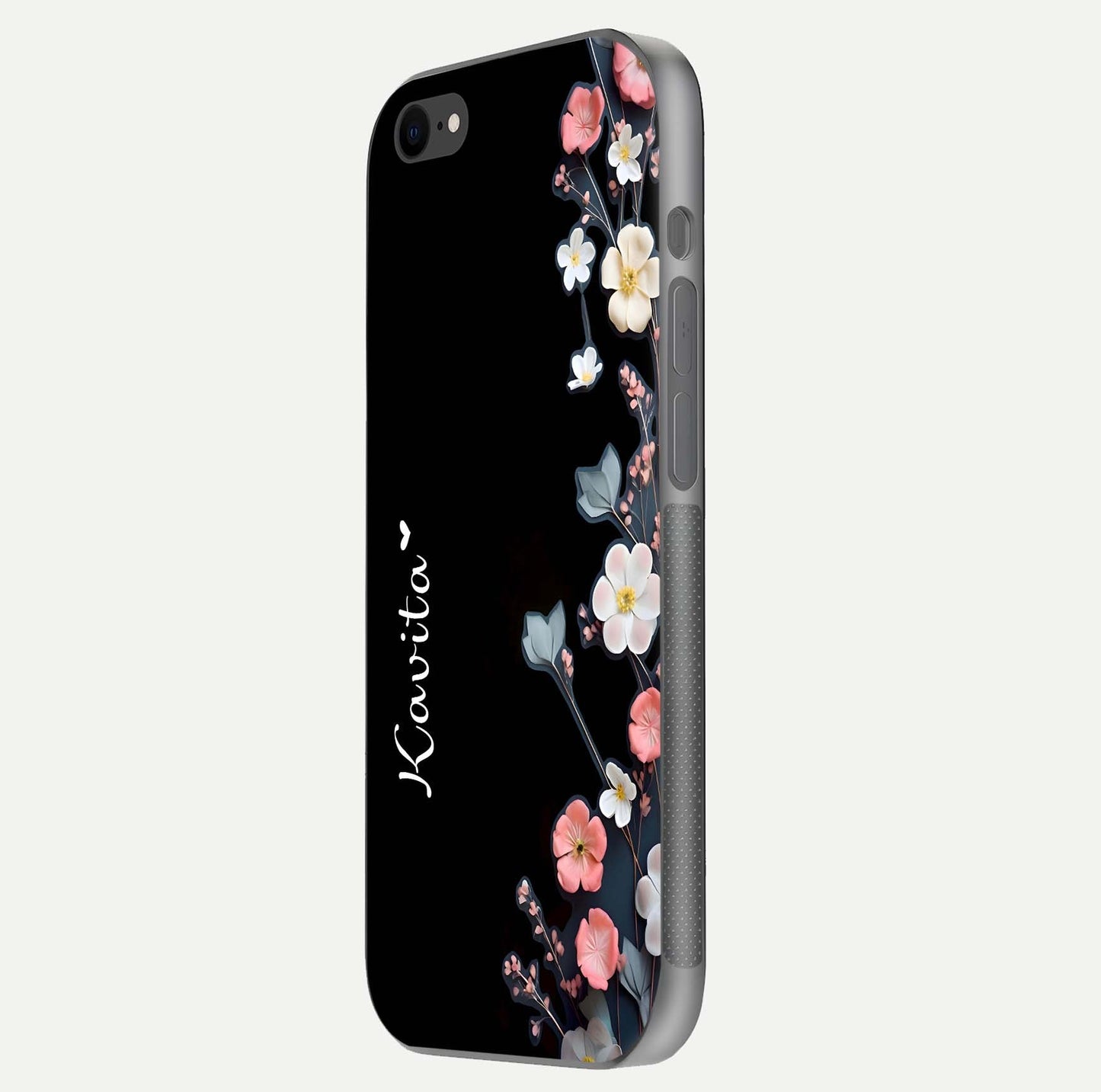 Black Elegance Floral Custom Name Glass Case for iPhone 7 side-angle showing black gloss depth and delicate print texture