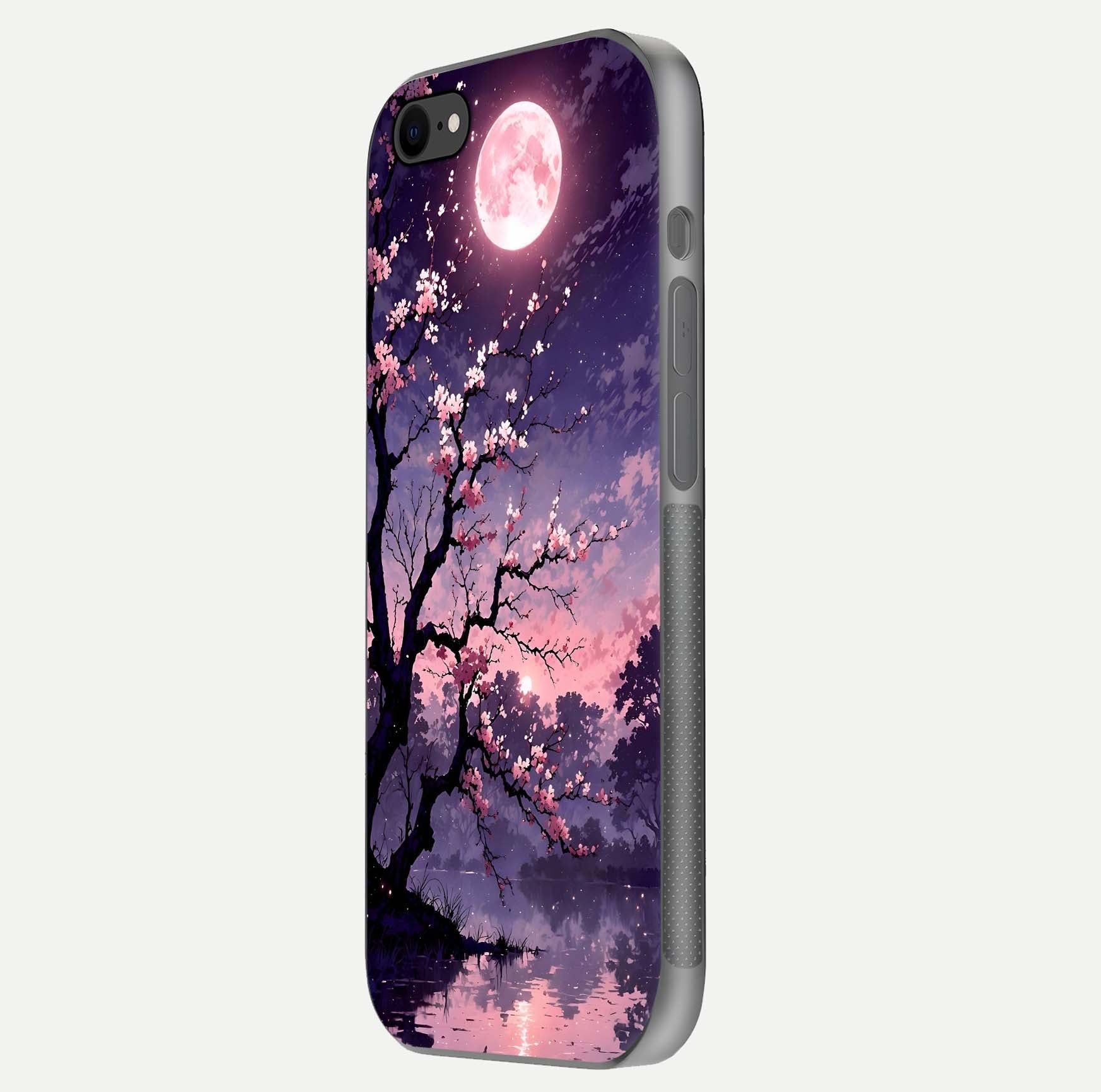 Blossom Pink Moon Glass Case for iPhone 7 side-angle image showing glossy curve and floral-moon balance
