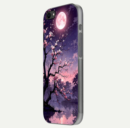 Blossom Pink Moon Glass Case for iPhone 7 side-angle image showing glossy curve and floral-moon balance