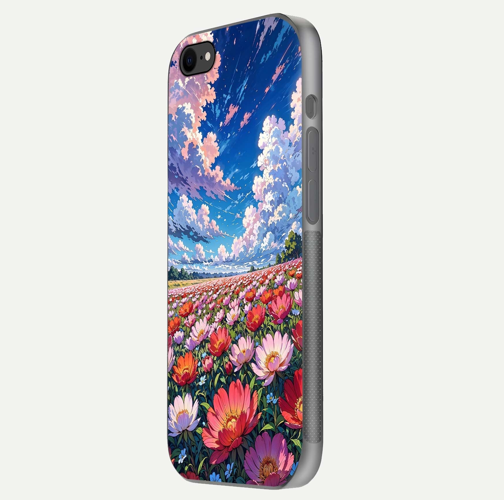 Blossom Sky Field Glass Case for iPhone 7 side-angle showing sky hues, blossom texture, and reflective shine