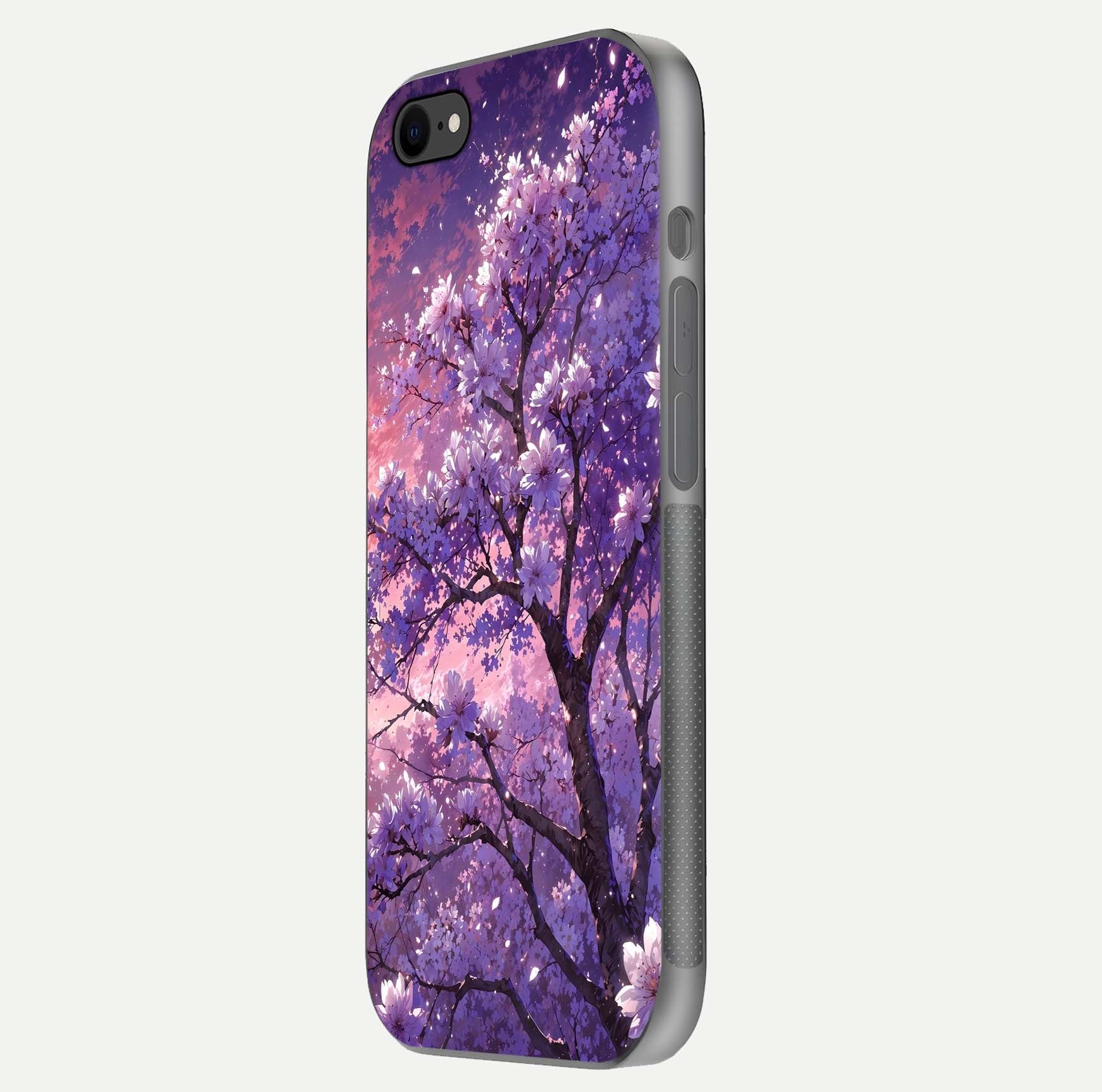 Blossom Tree Glass Case for iPhone 7 side-angle image showing floral tree artwork and reflection gloss