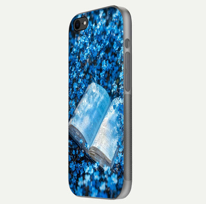 Blue Bloom Tales Glass Case for iPhone 7 side-angle image showing blue floral pattern and glossy finish
