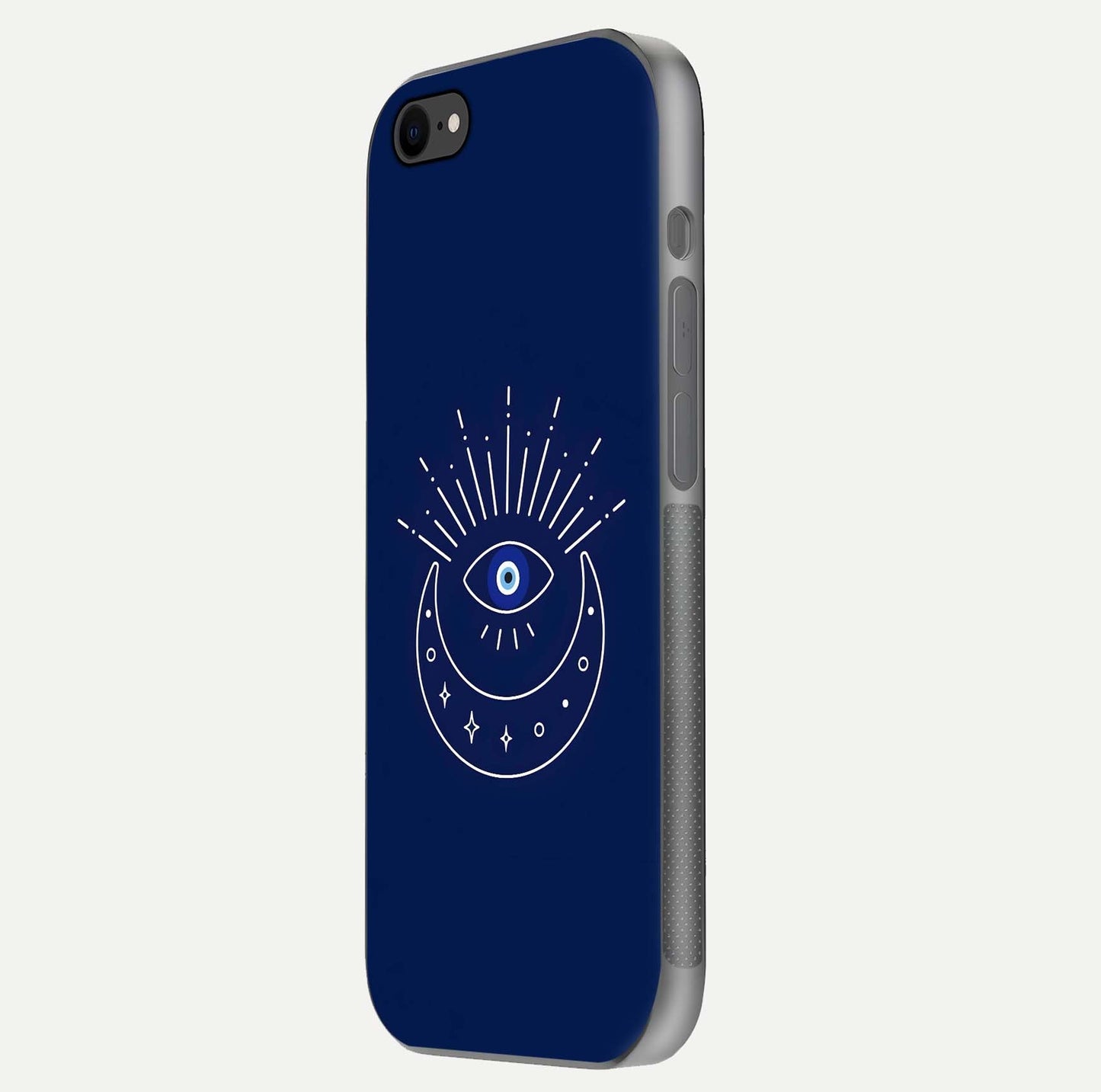 Blue Evil Eye Glass Case for iPhone 7 side-angle view showing edge glow, color balance, and reflective surface