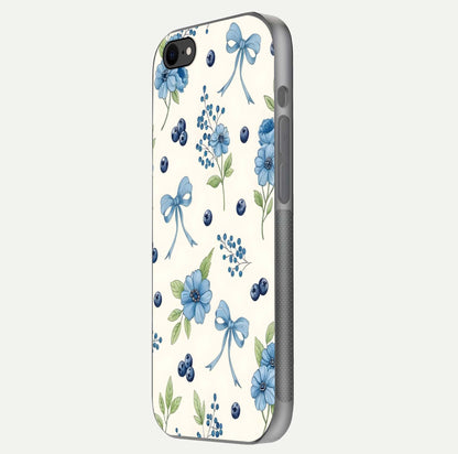 Blue Flower & Bow Glass Case for iPhone 7 side-angle image showing bow-floral mix and HD finish shine