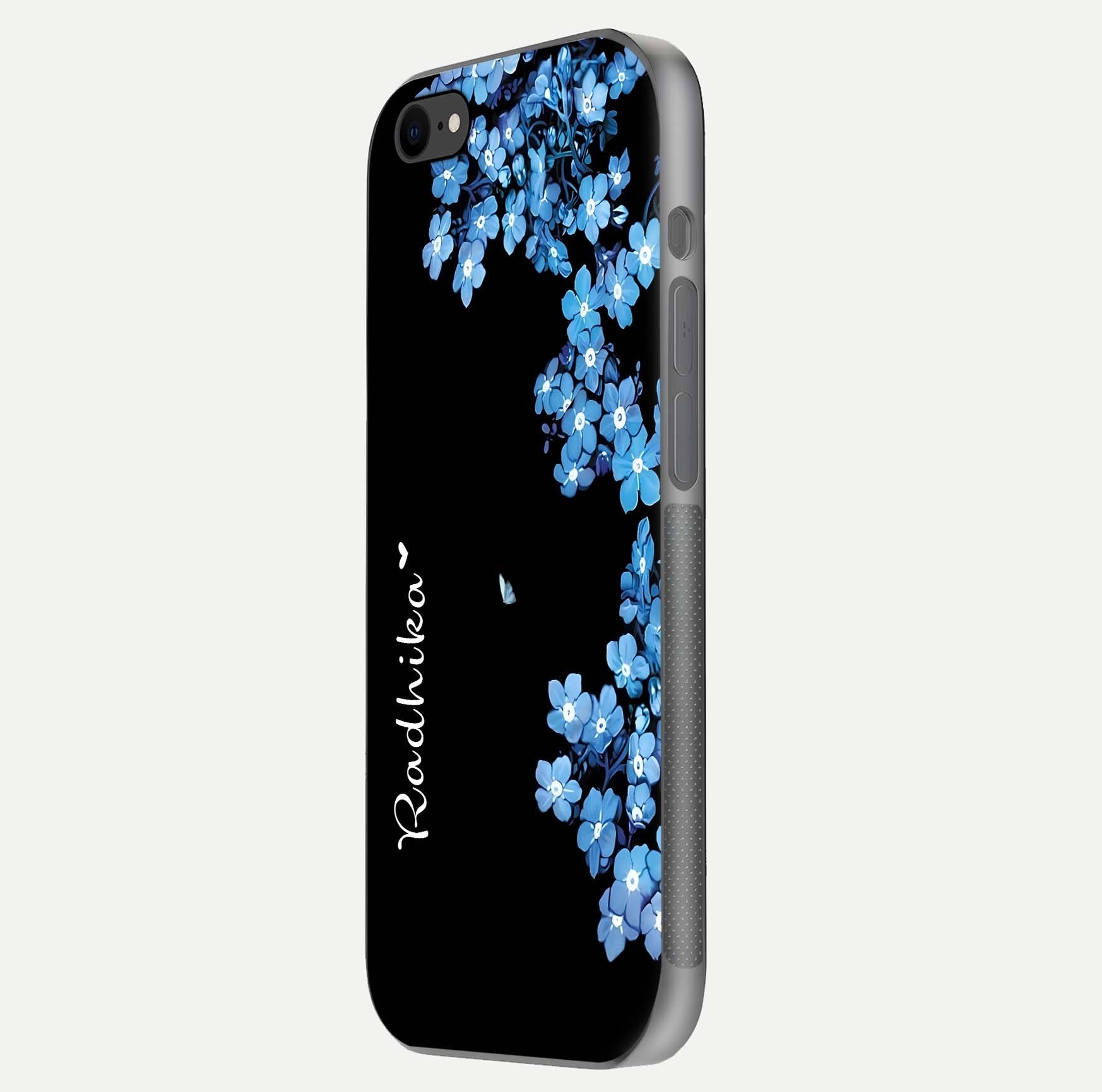 Blue Petal Dream Custom Name Glass Case for iPhone 7 side-angle image showing name print clarity and smooth gloss