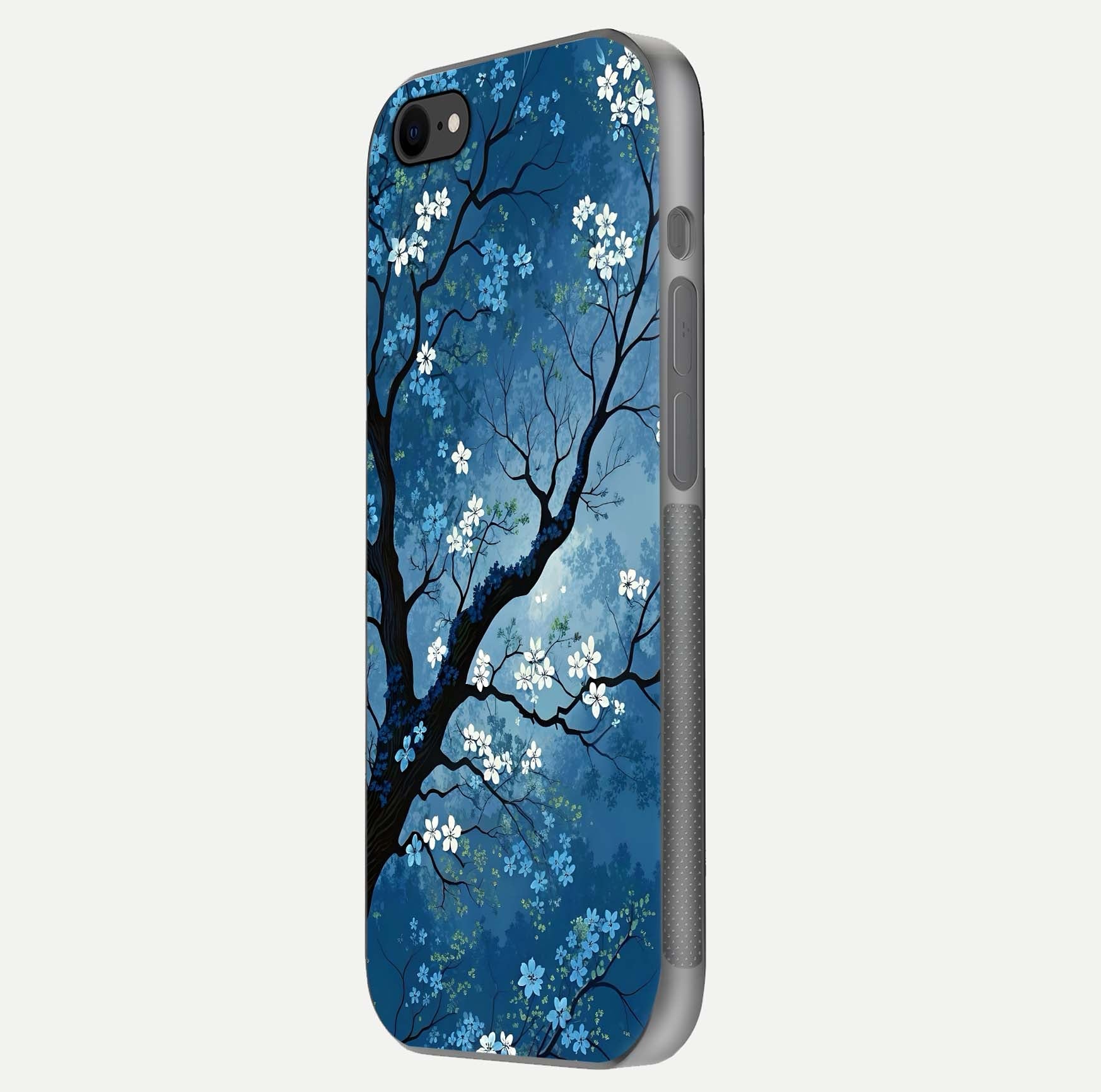 Blue Tree Serenity Glass Case for iPhone 7 side-angle shot showing glossy edge and tree pattern reflection