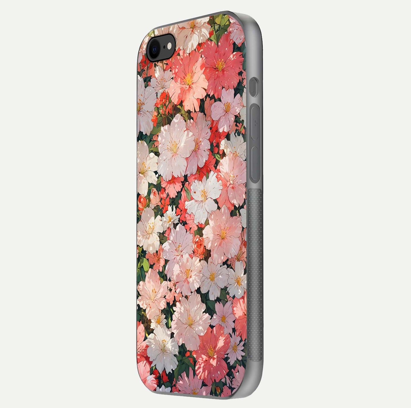 Blush Bloom Field Glass Case for iPhone 7 side-angle image showing petal pattern gloss and smooth edges