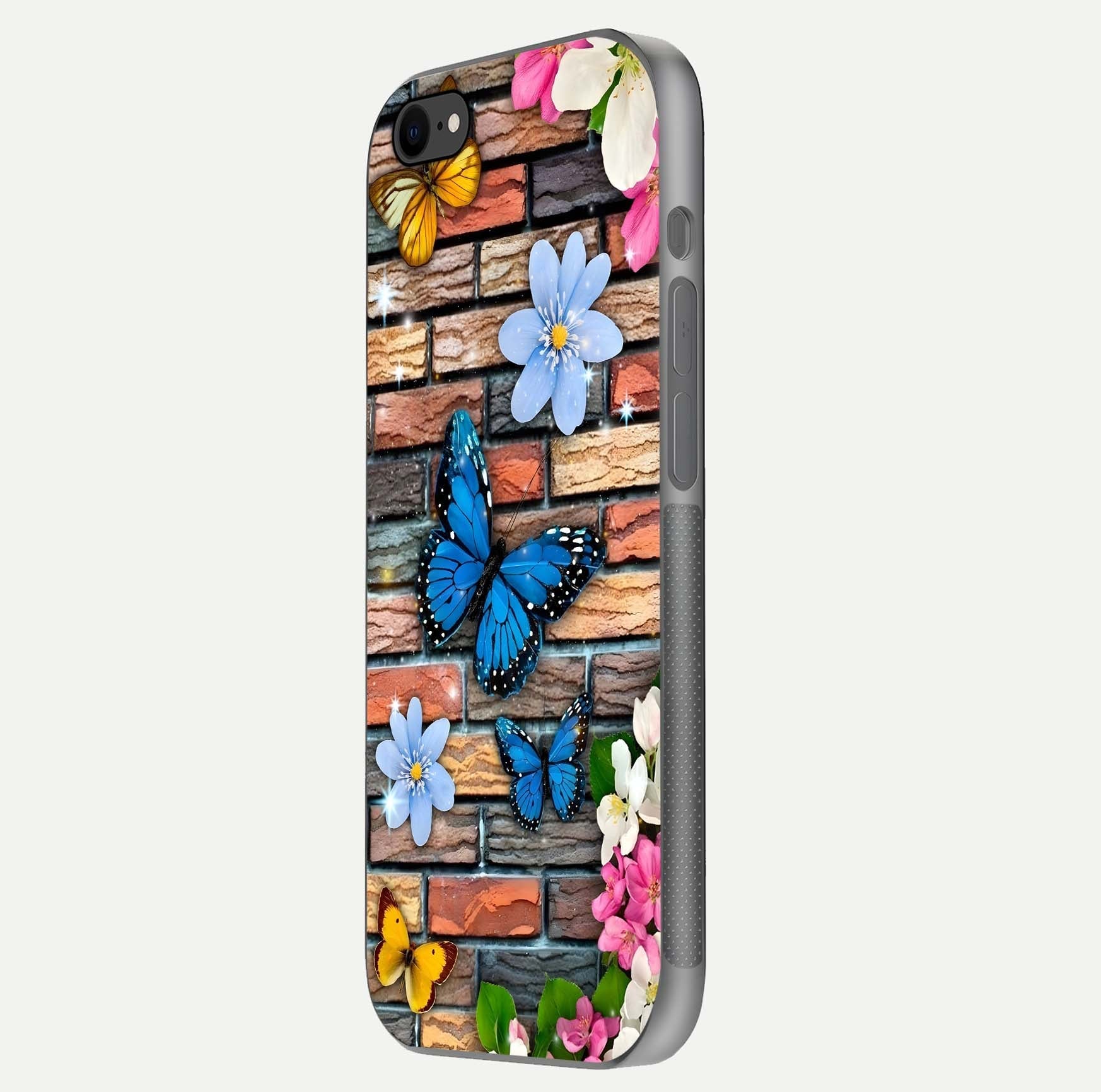 Brick Bloom Flight Glass Case for iPhone 7 side-angle photo showing curve shine and detailed petal contrast