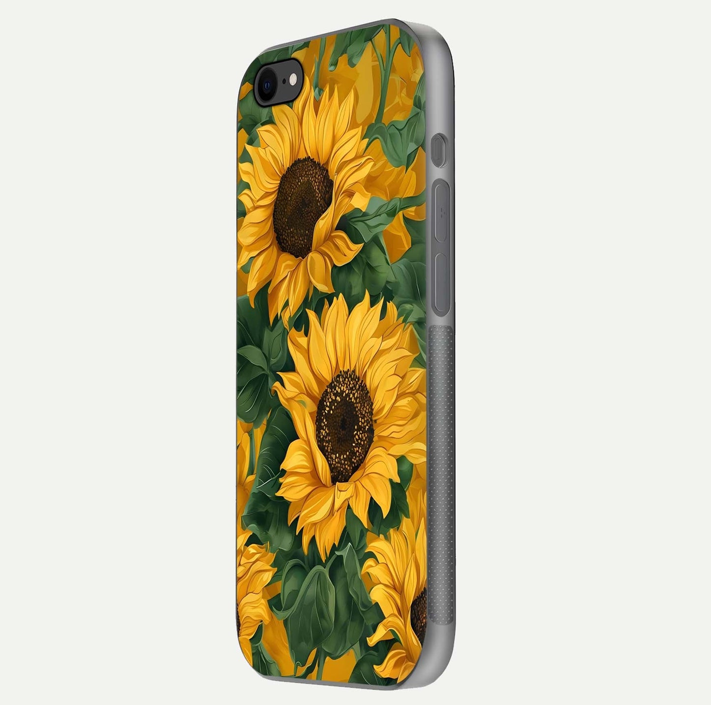 Bright Sunflower Bloom Glass Case for iPhone 7 side-angle image showing shine texture and detailed bloom