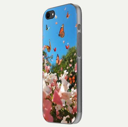 Butterflies in Bloom Sky Glass Case for iPhone 7 side-angle image showing delicate details and gloss polish