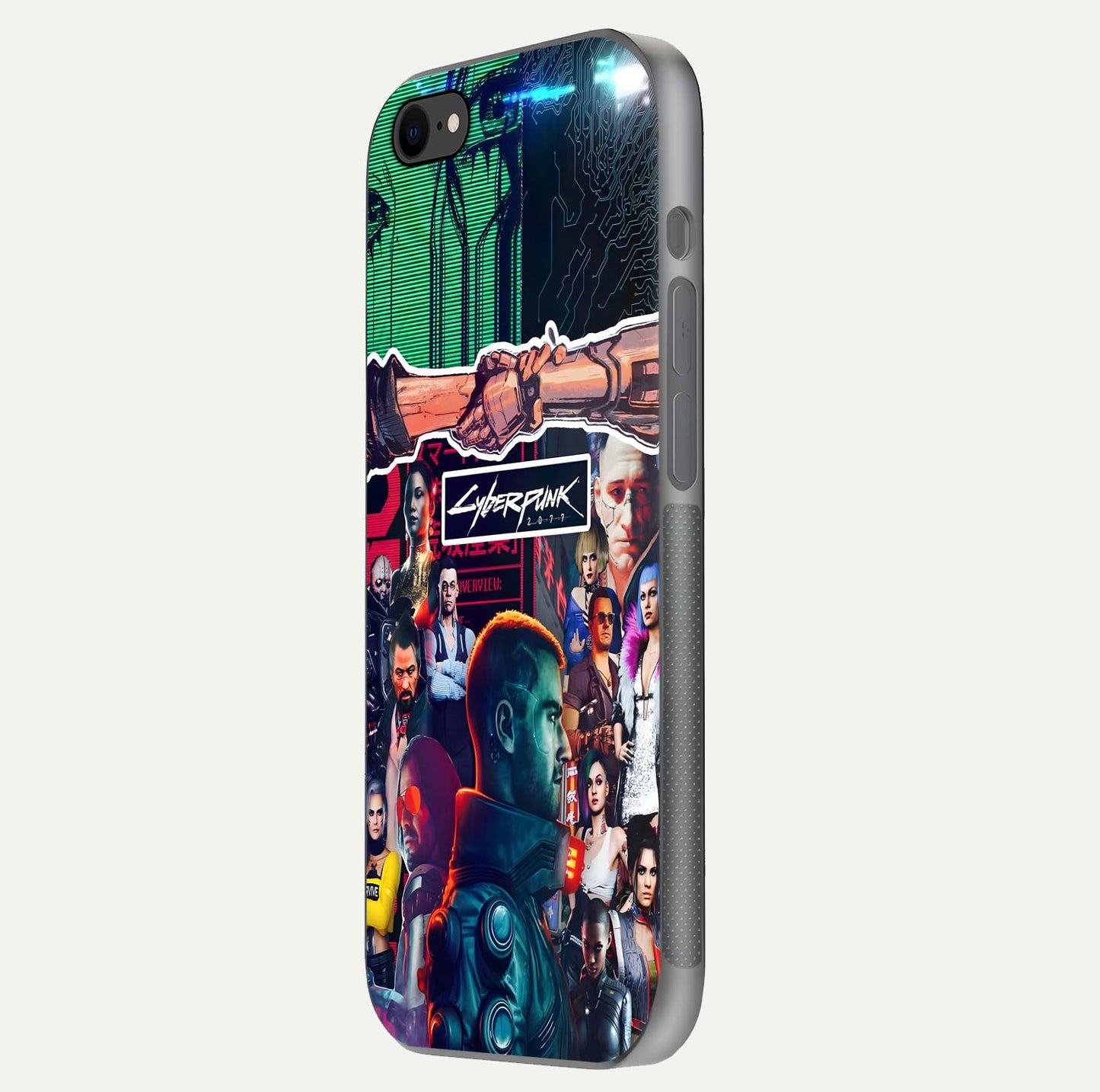 CYBERPUNK Legacy Glass Case for iPhone 7 side-angle photo showing edge glow and reflective surface