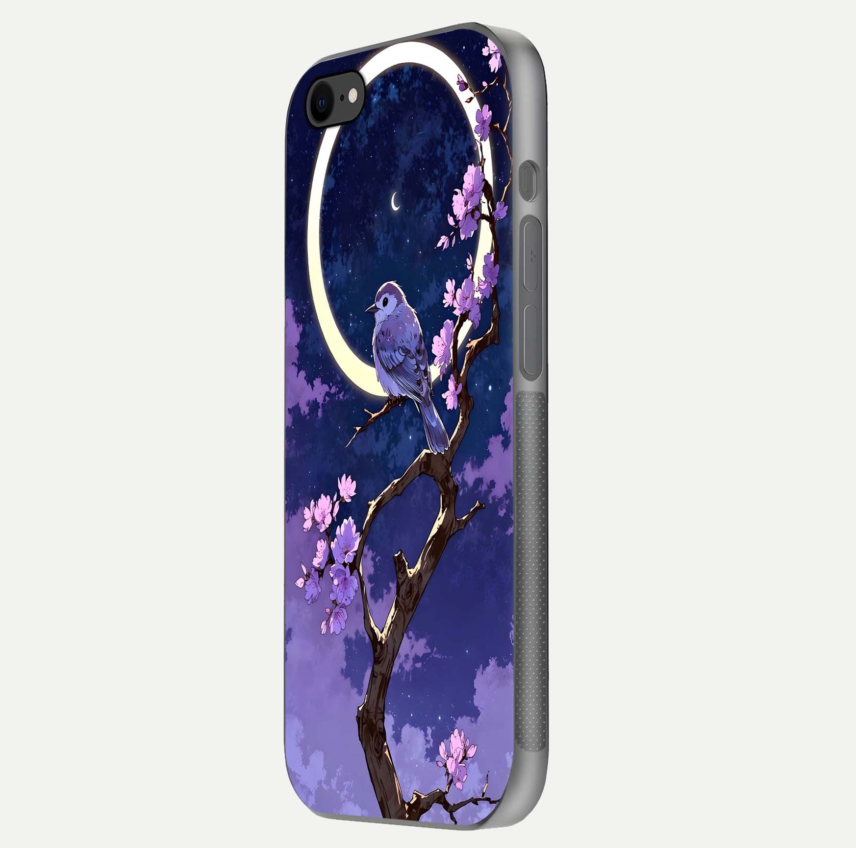 Celestial Bird Blossom Glass Case for iPhone 7 side-angle image showing detailed wings and glossy polish