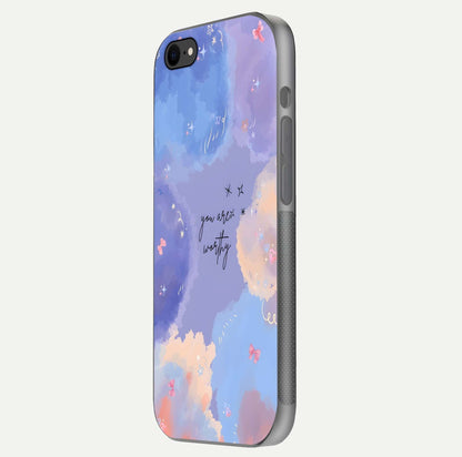 Celestial Cloud Magic Glass Case for iPhone 7 side-angle photo showing edge reflection and dreamy texture