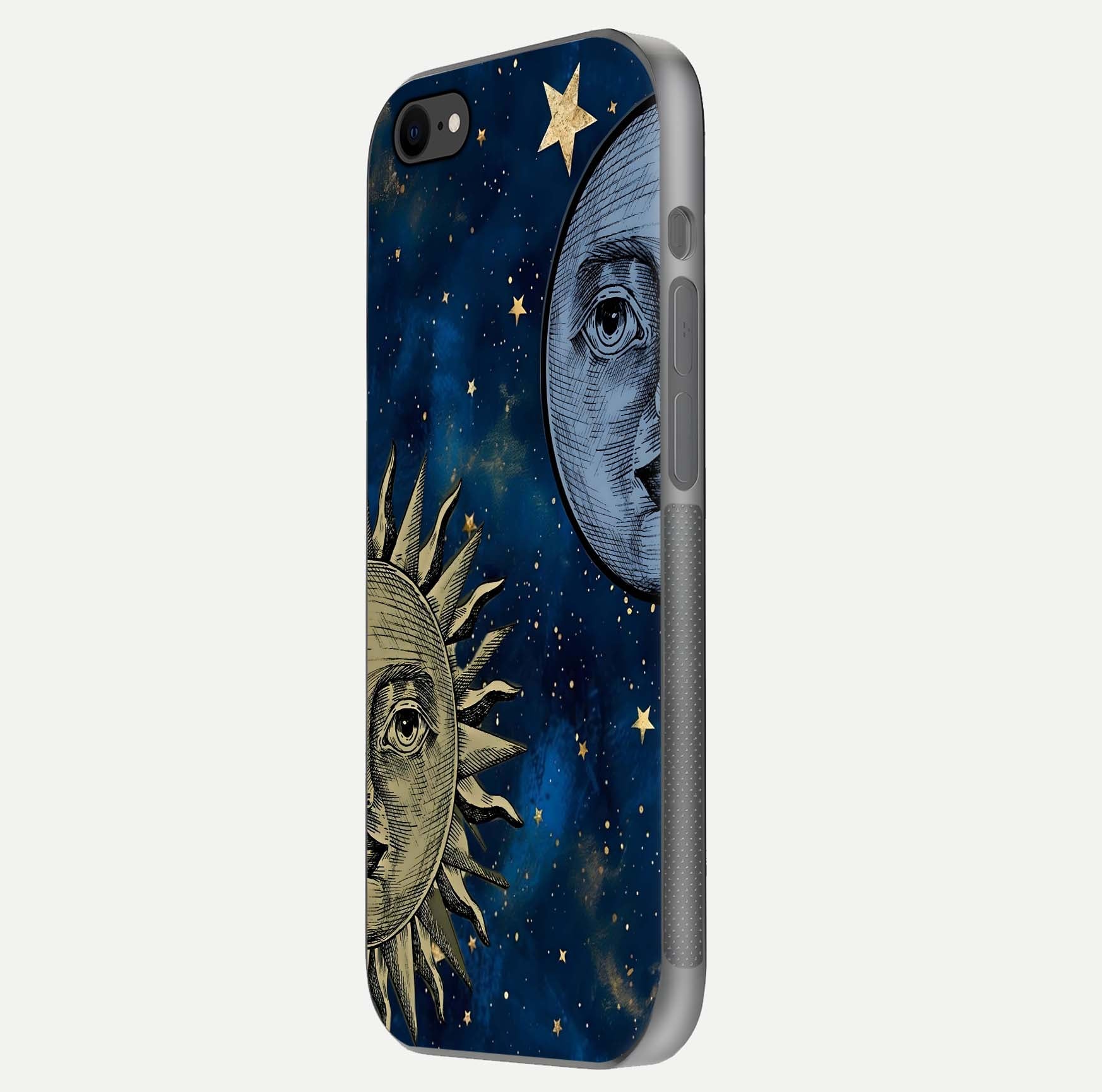 Celestial Moon With Sun Glass Case for iPhone 7 side-angle image showing reflection tones and cosmic edge
