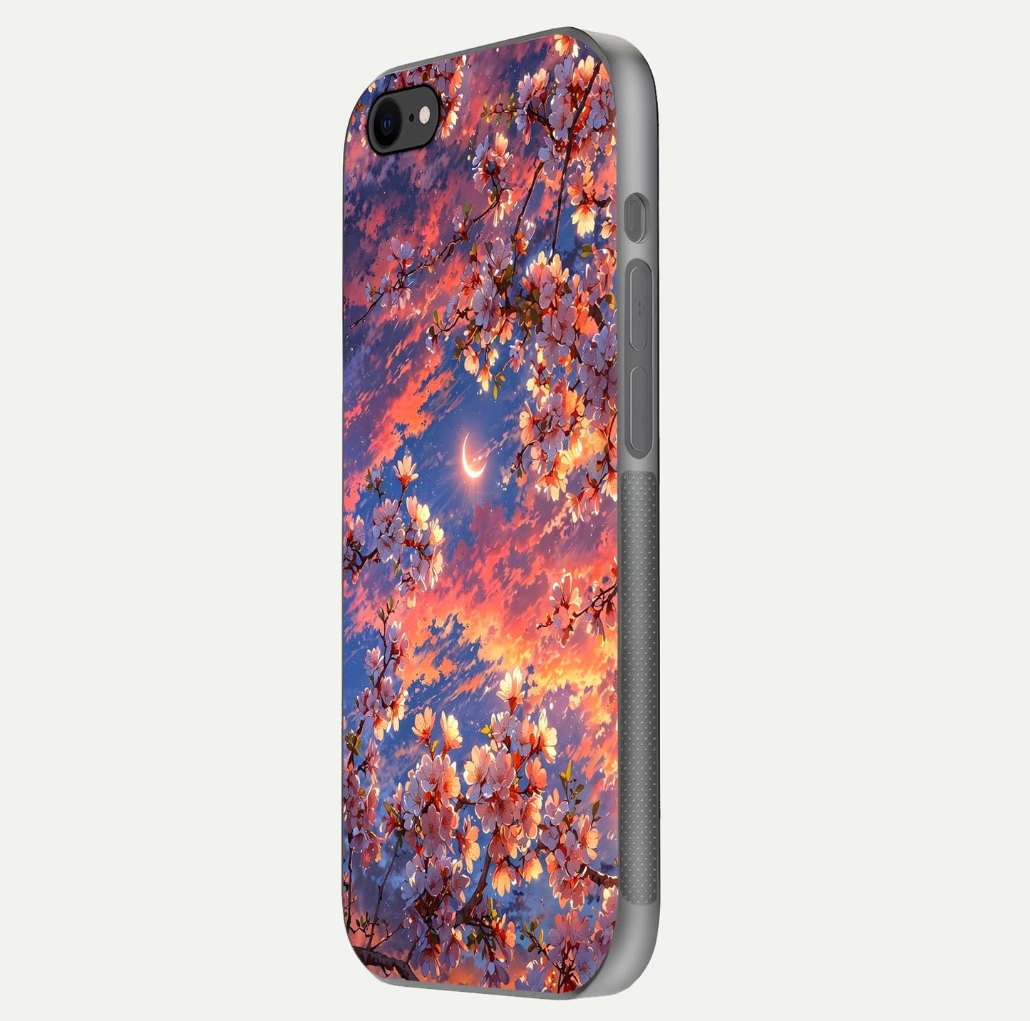 Celestial Sakura Sunset Glass Case for iPhone 7 side-angle image showing edge glow and petal texture