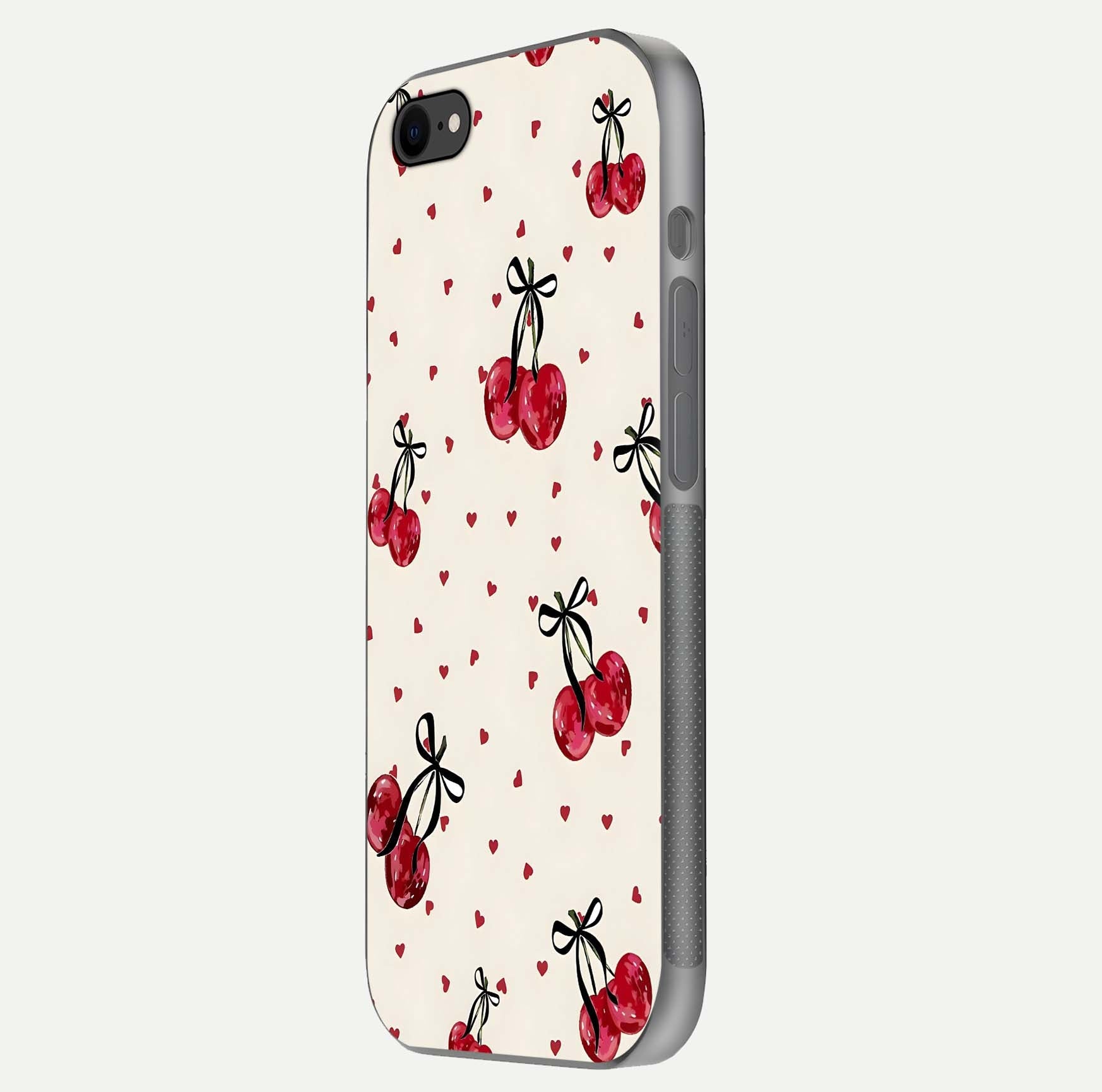 Cherry Heart Bow Glass Case for iPhone 7 side-angle image capturing gloss texture and charm bow art