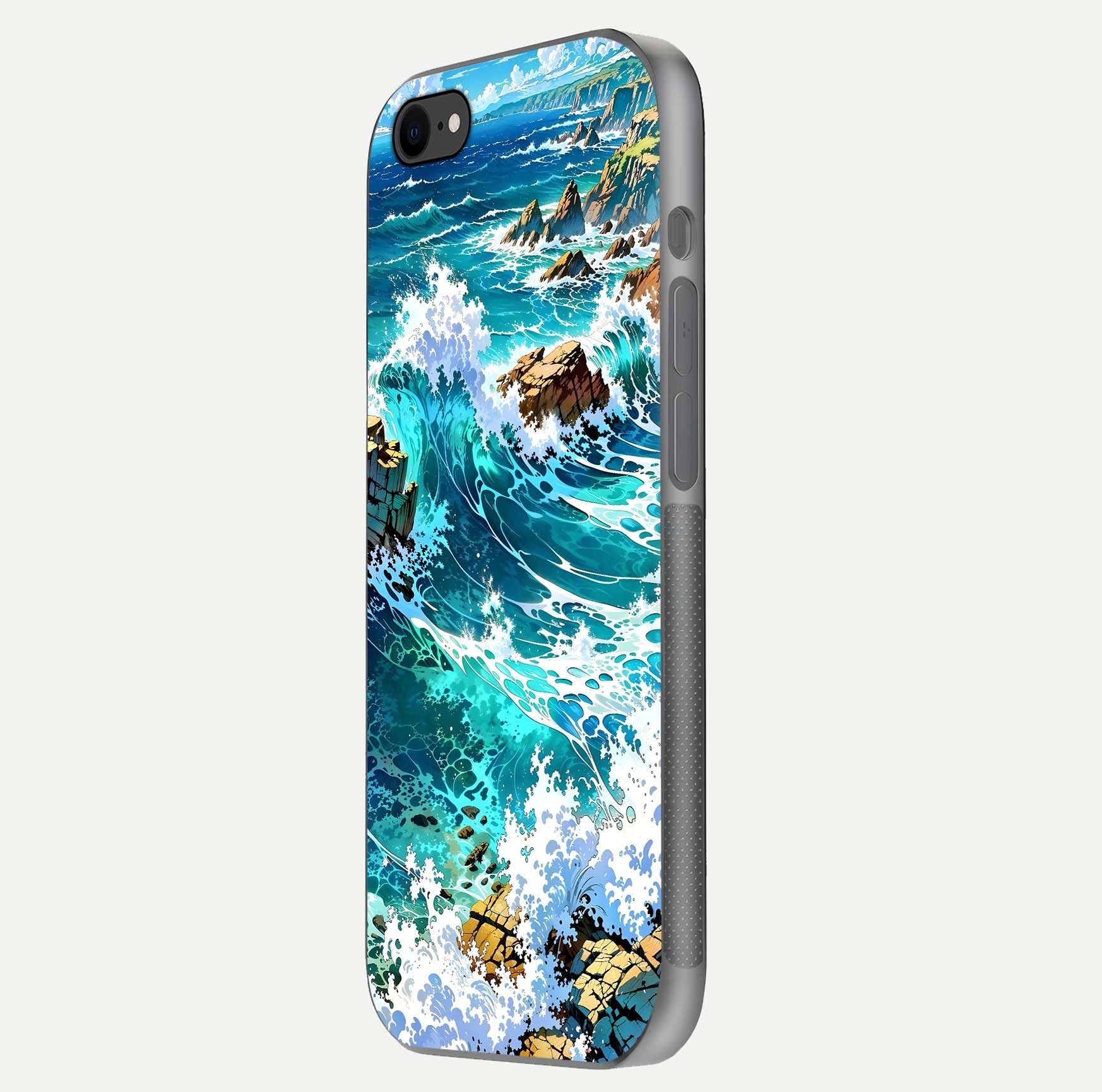 Coastal Blue Waves Glass Case for iPhone 7 side-angle photo showing gloss texture and color depth