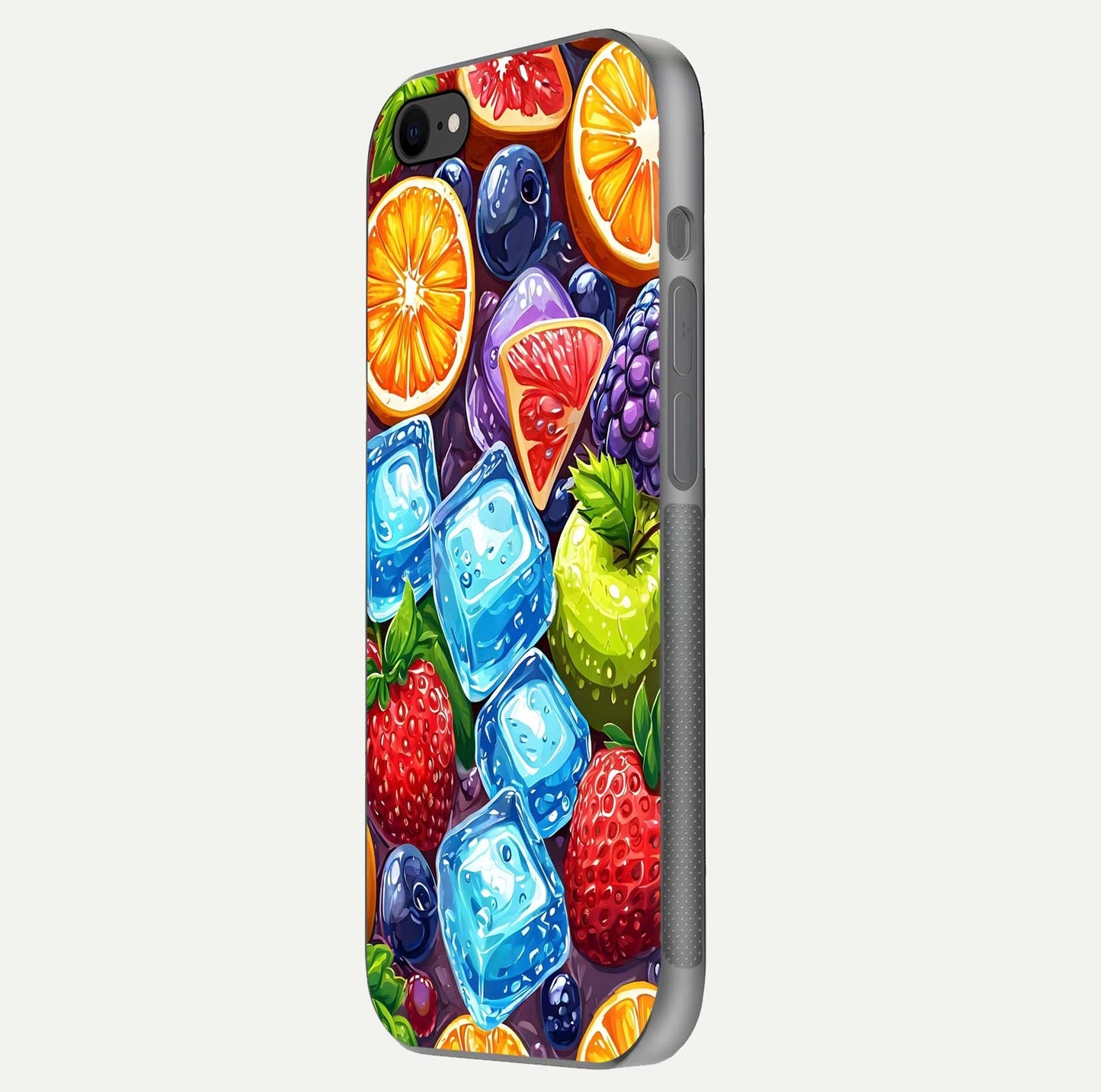 Colorful Fruits with Ice Glass Case for iPhone 7 side-angle photo showing curve gloss and vivid tones