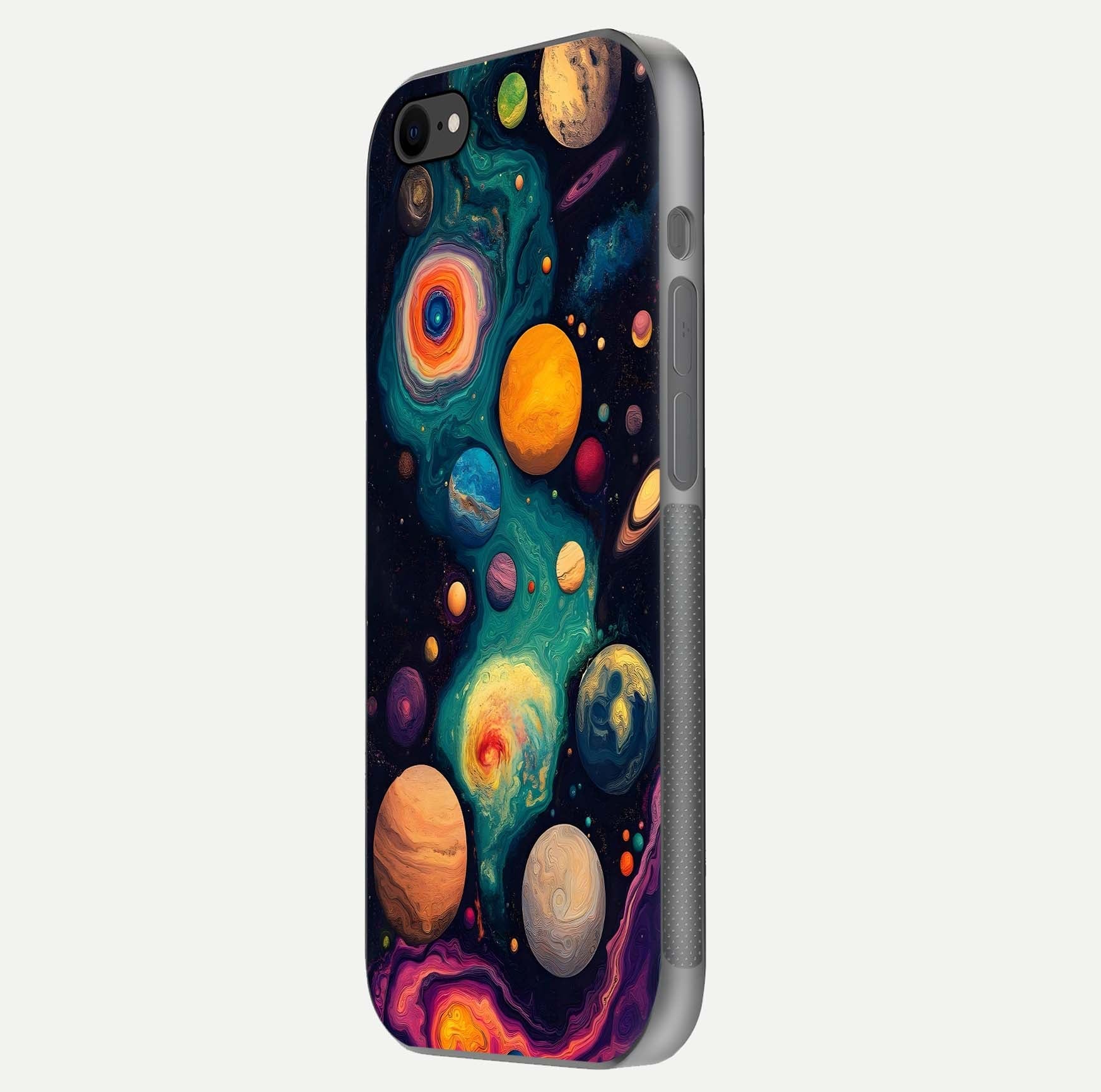 Cosmic Planet Journey Glass Case for iPhone 7 side-angle image capturing smooth gloss and reflective edges