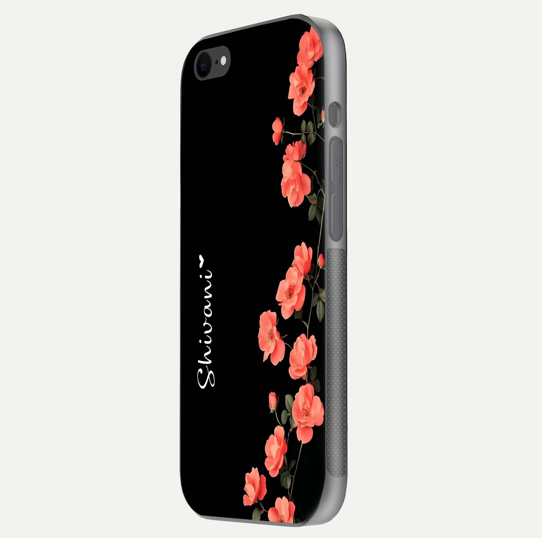 Crimson Bloom Grace Custom Name Glass Case for iPhone 7 side-angle photo capturing edge glow and name clarity
