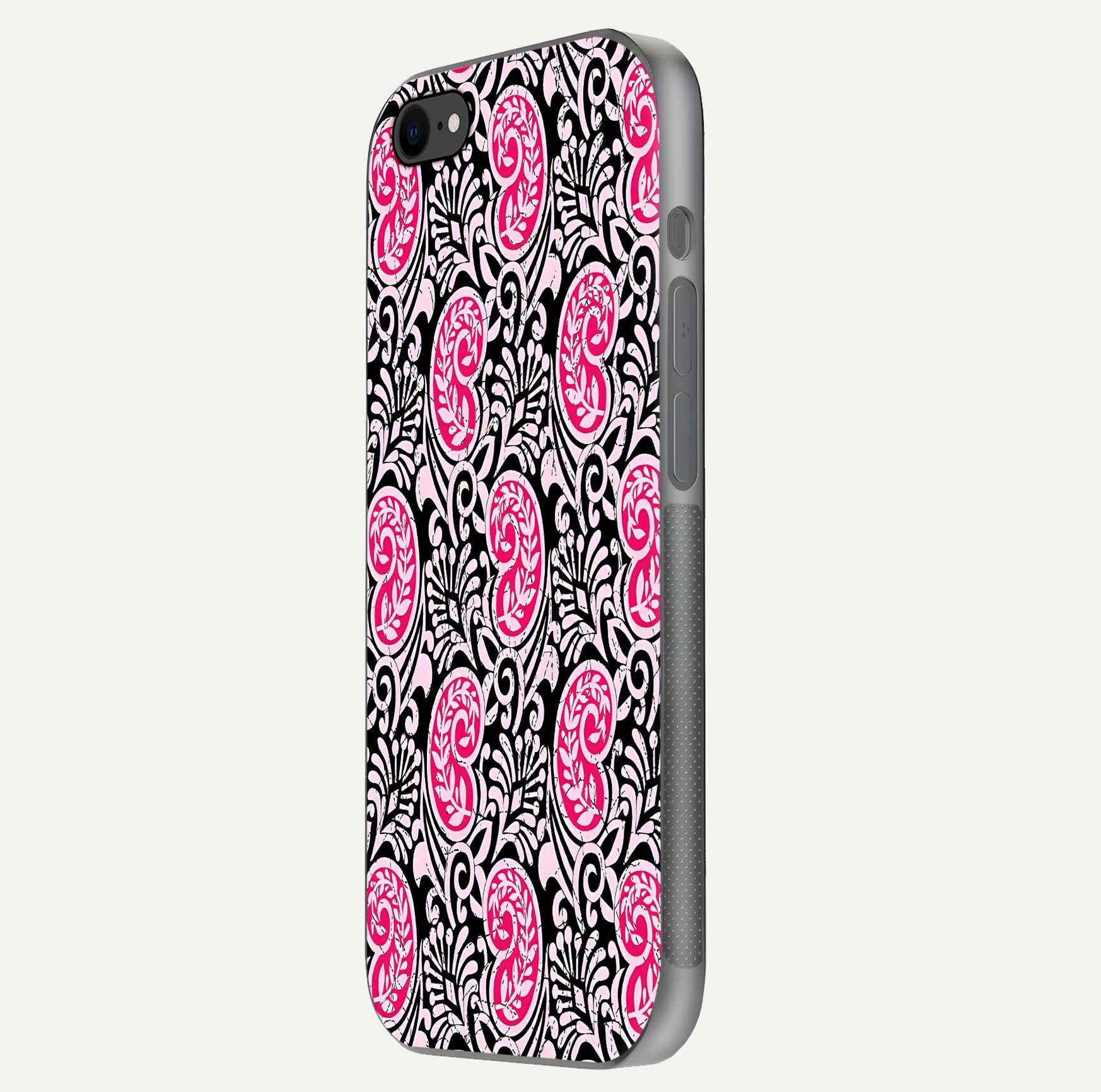 Crimson Paisley Charm Glass Case for iPhone 7 side-angle image showing reflection and smooth edges