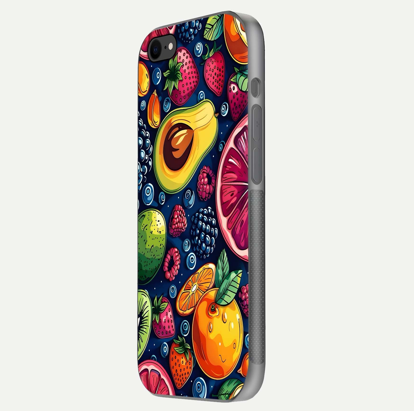 Cute Fruits Art Glass Case for iPhone 7 side-angle photo showing reflective finish and smooth edges