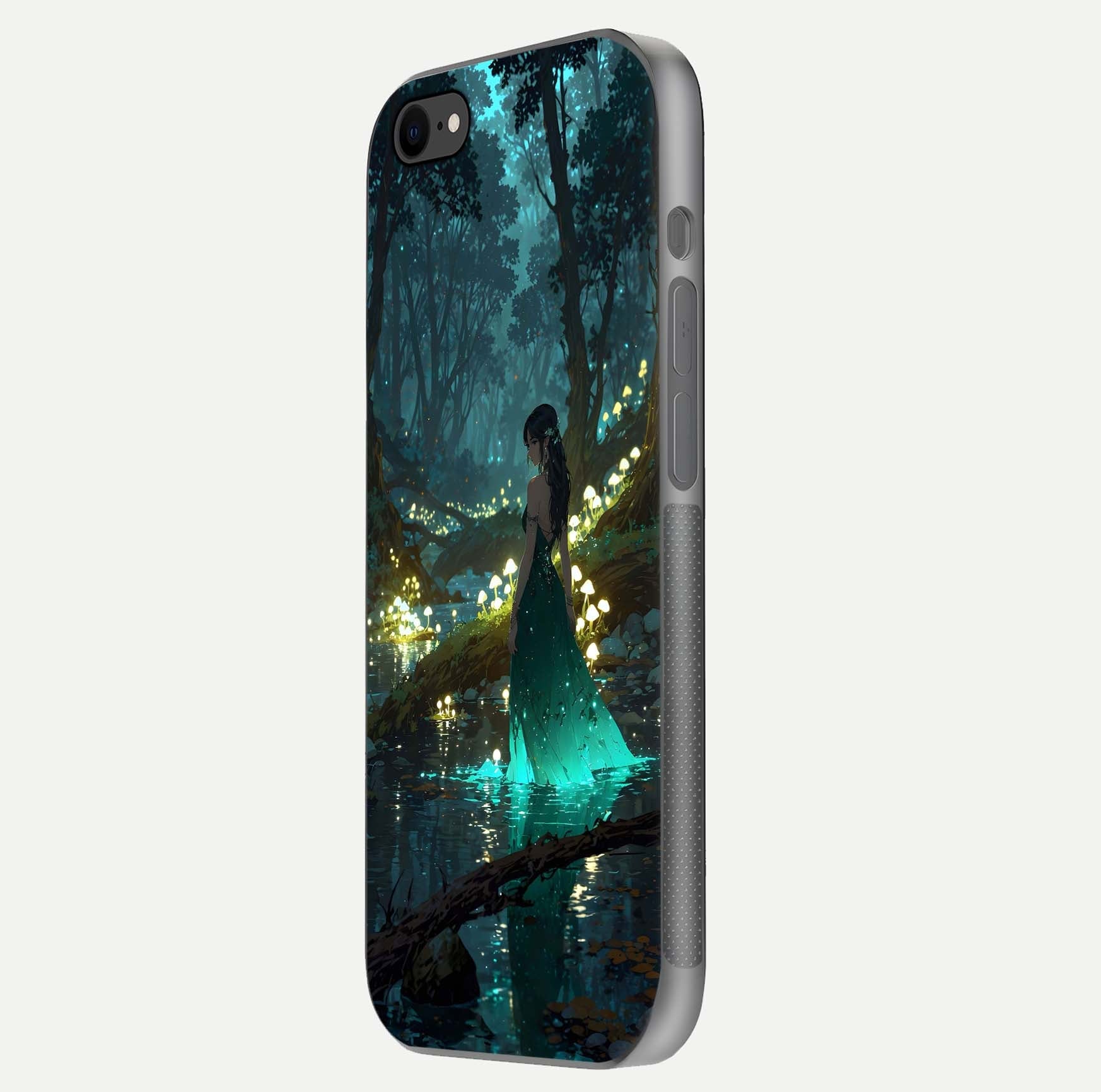 Enchanted Forest Glow Glass Case for iPhone 7 side-angle image capturing shine reflection and rich detail