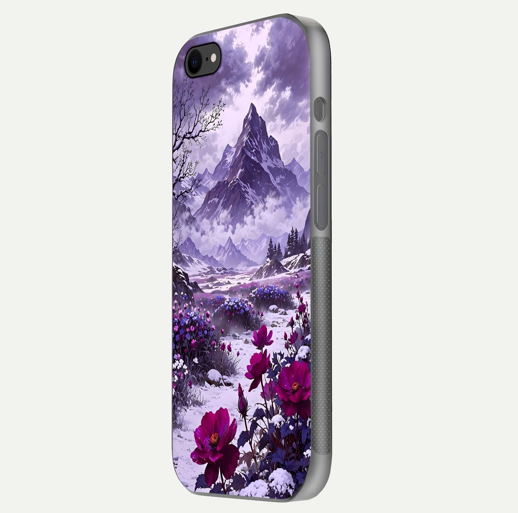 Flower Mountain View Glass Case for iPhone 7 side-angle image showing gloss polish and smooth edge