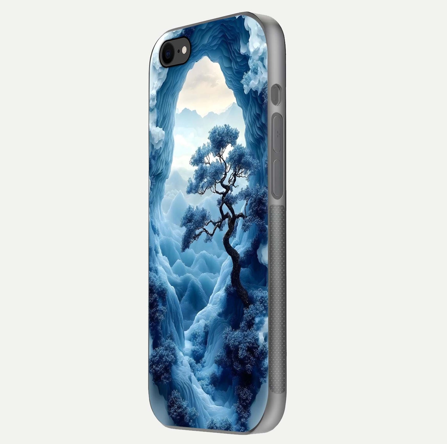 Frozen Serenity Gate Glass Case for iPhone 7 side-angle photo showing reflective surface and cold tones