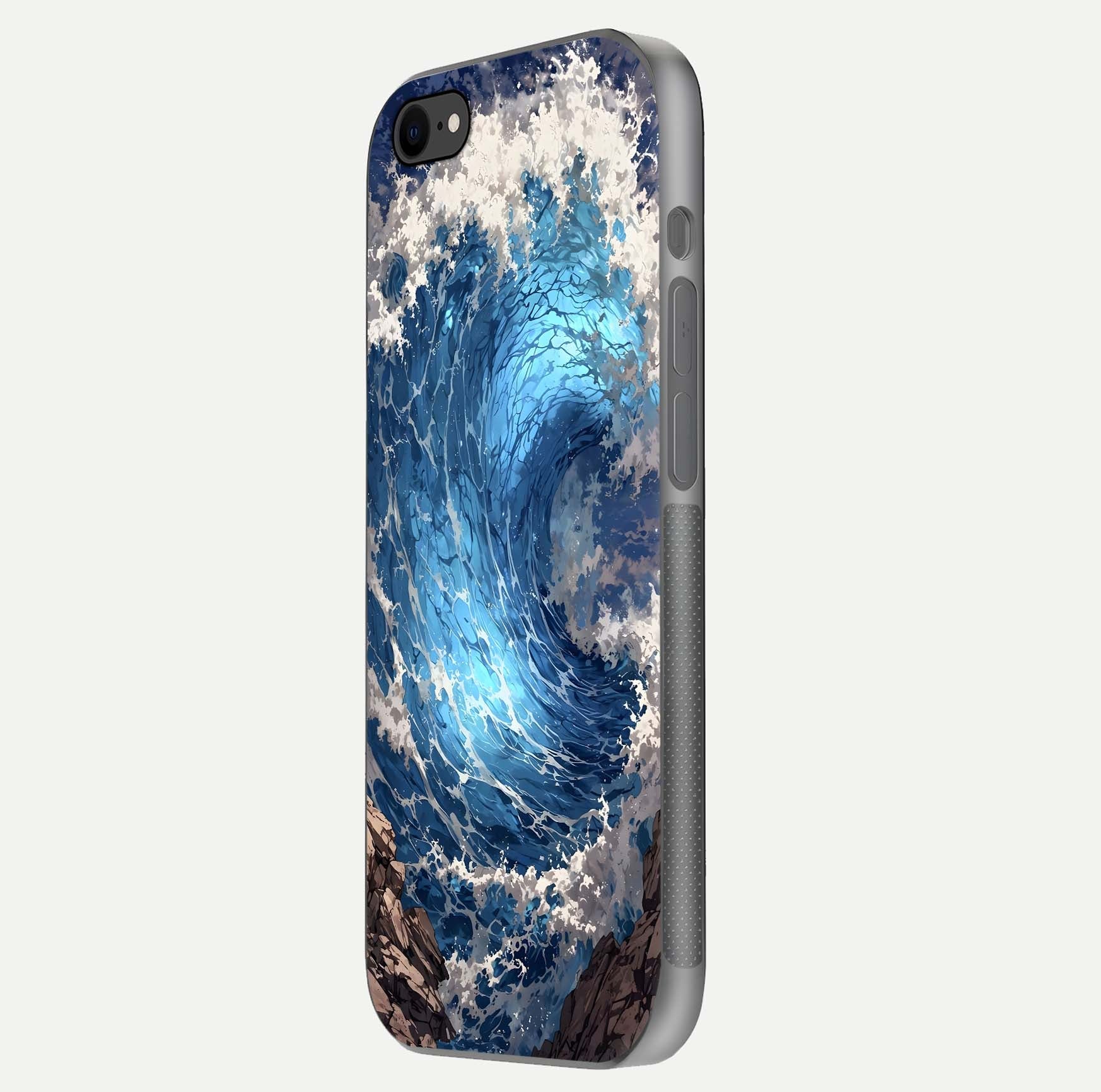 Giant Ocean Wave Glass Case for iPhone 7 side-angle image showing light reflection and ocean detail