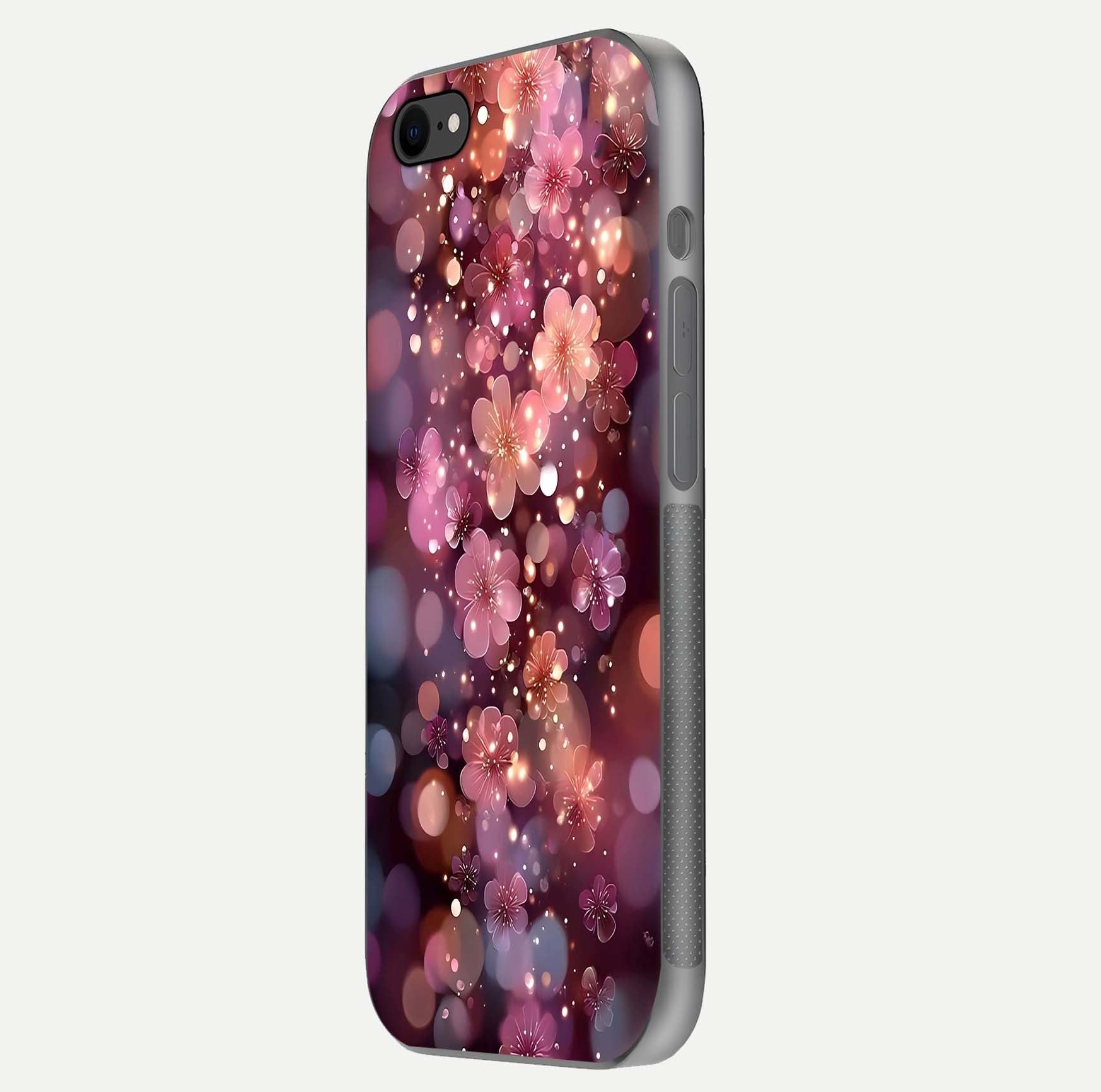 Glowing Petal Bliss Glass Case for iPhone 7 side-angle image showing light reflection and soft floral texture