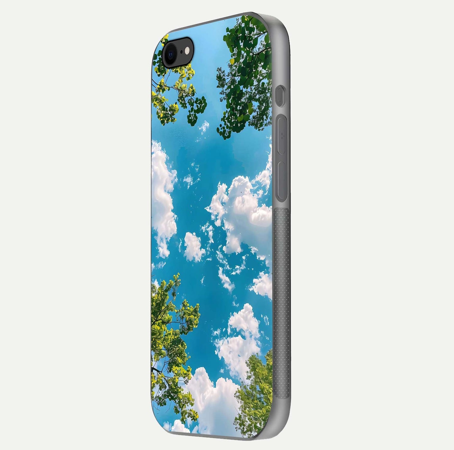 Greenery Sky Glass Case for iPhone 7 side-angle image showing reflection glow and nature-themed pattern