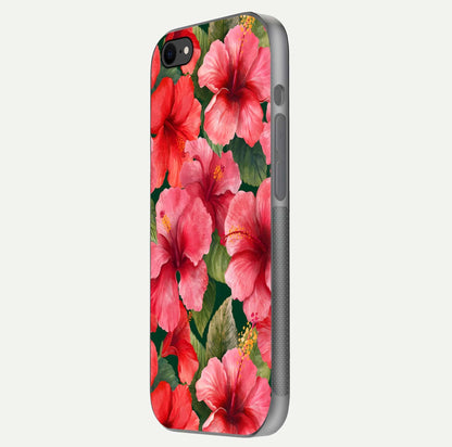 Hibiscus Pattern Glass Case for iPhone 7 side-angle image showing reflection brightness and floral detailing