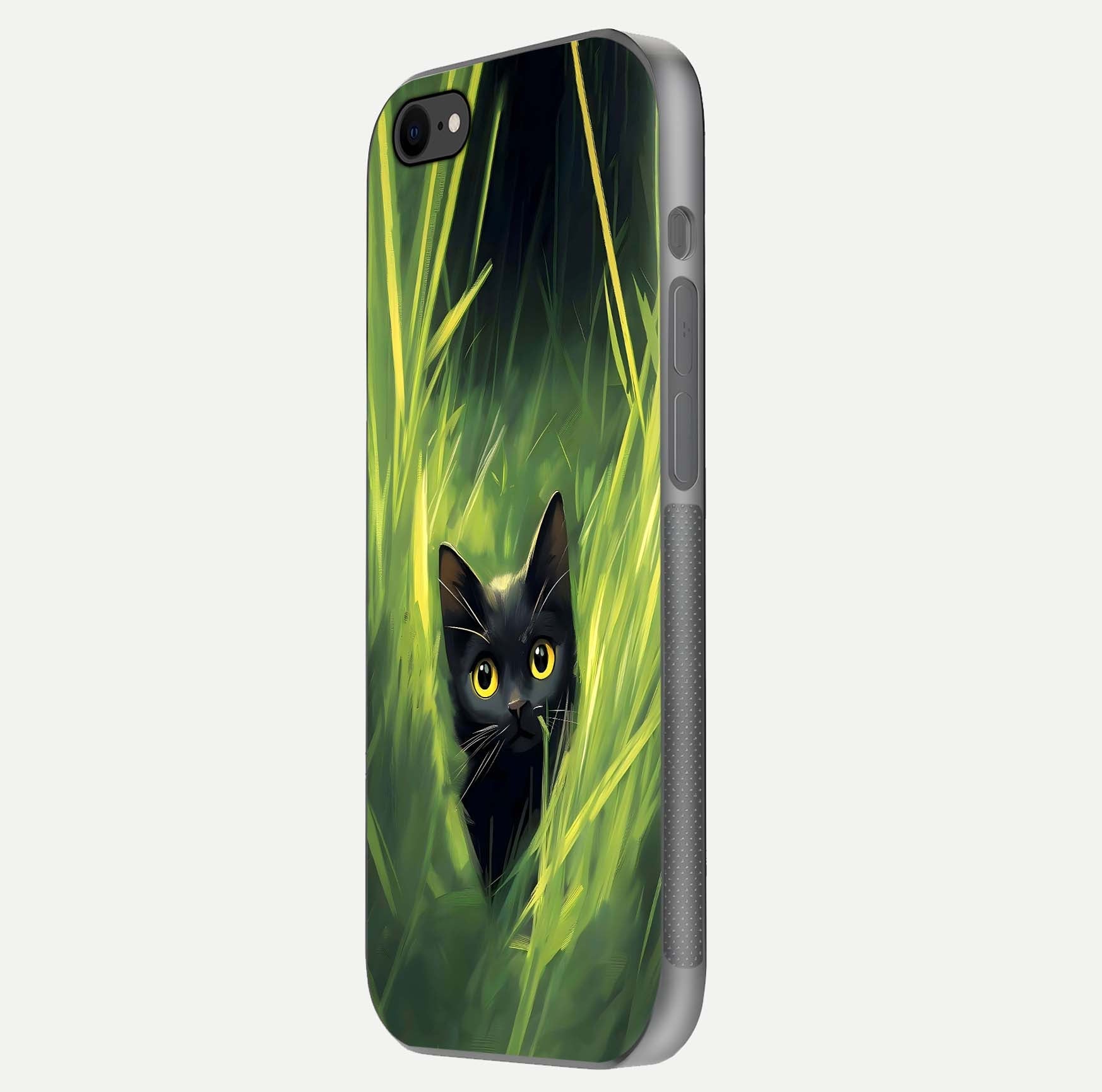 Hidden Cat Whisper Glass Case for iPhone 7 side-angle image showing reflection glow and subtle artistic texture