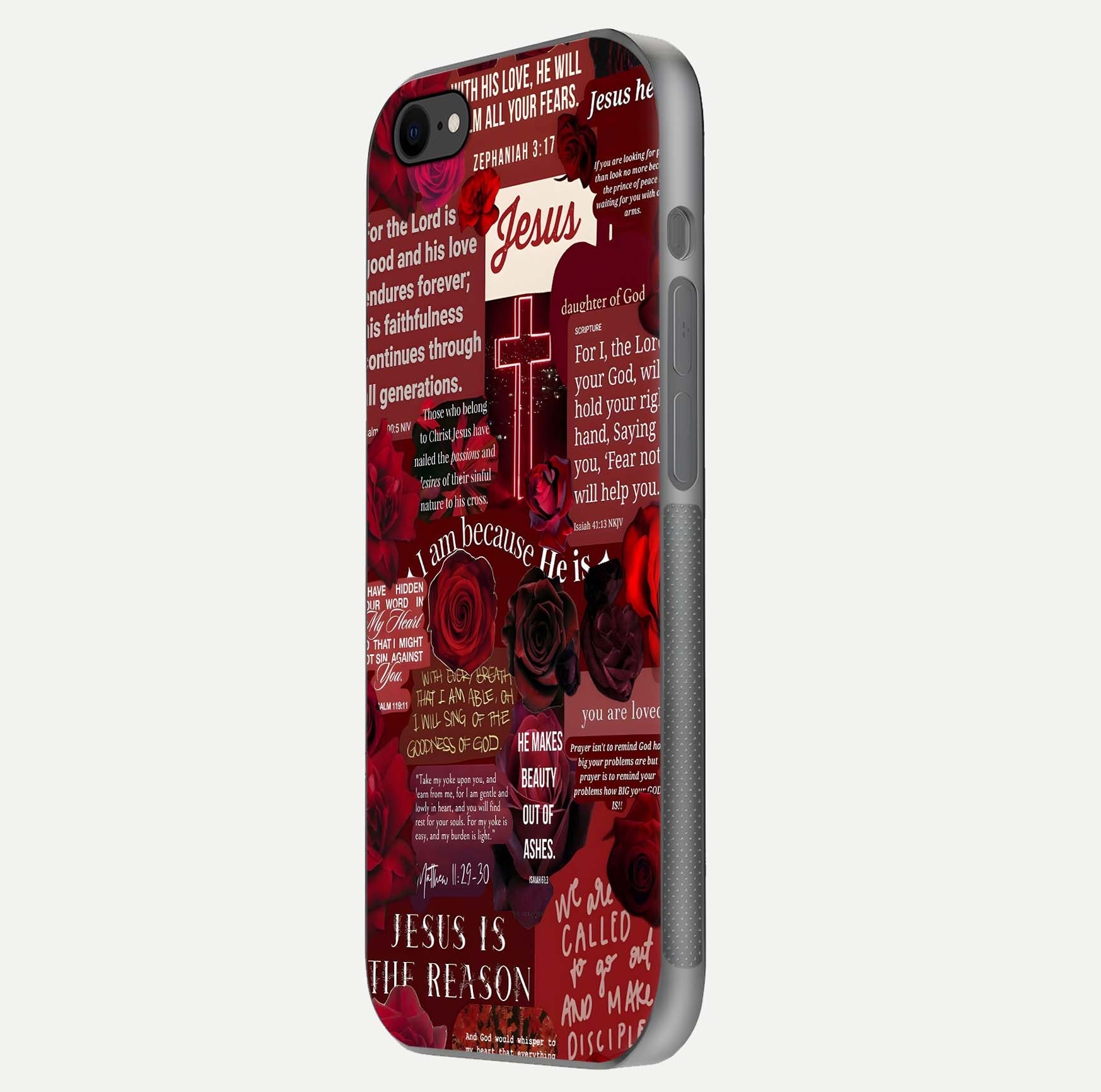 Jesus Love Heals Glass Case for iPhone 7 side-angle image highlighting gloss depth and spiritual aura