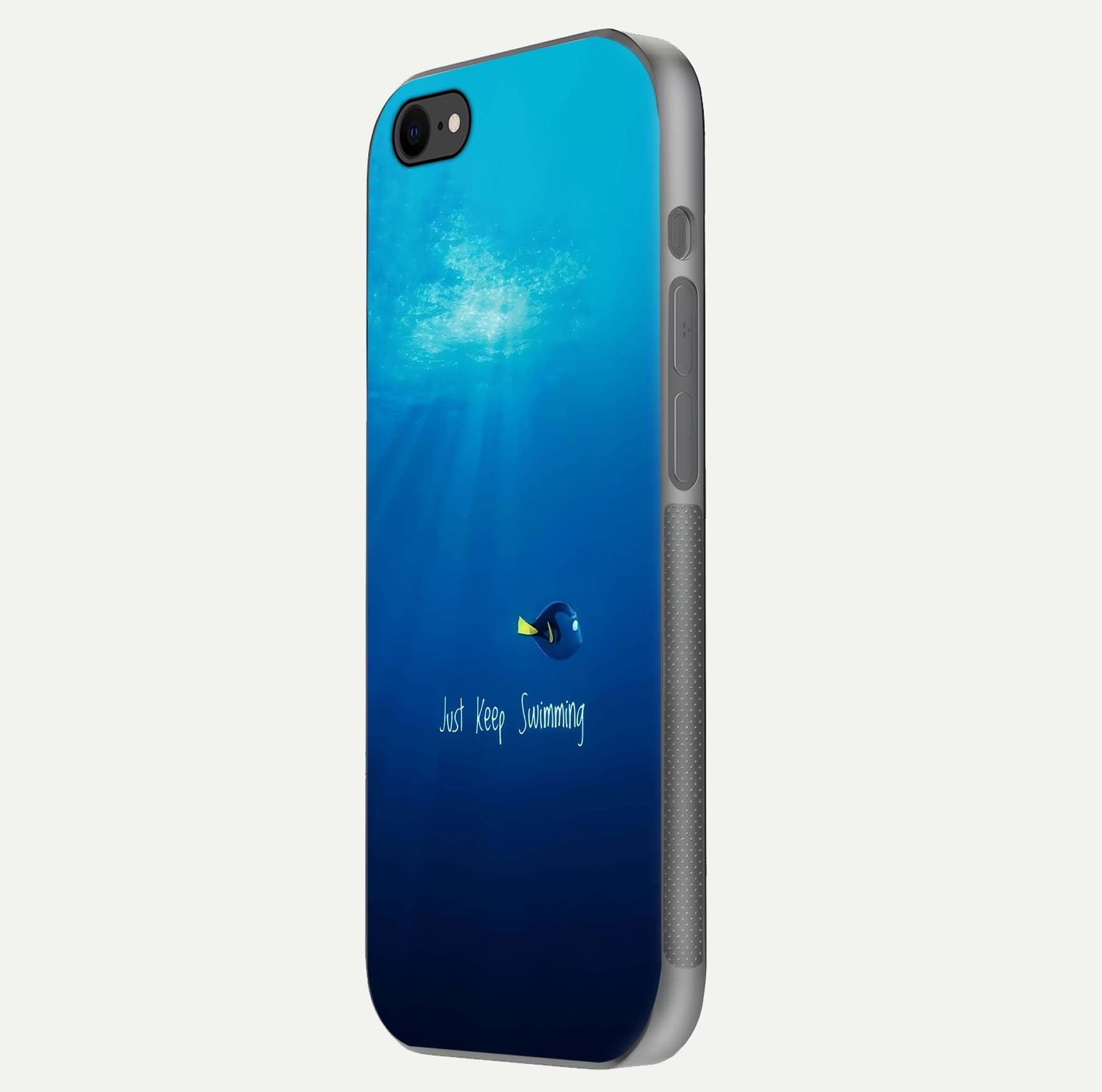 Just Keep Swimming Glass Case for iPhone 7 side-angle image highlighting reflective surface and positive quote