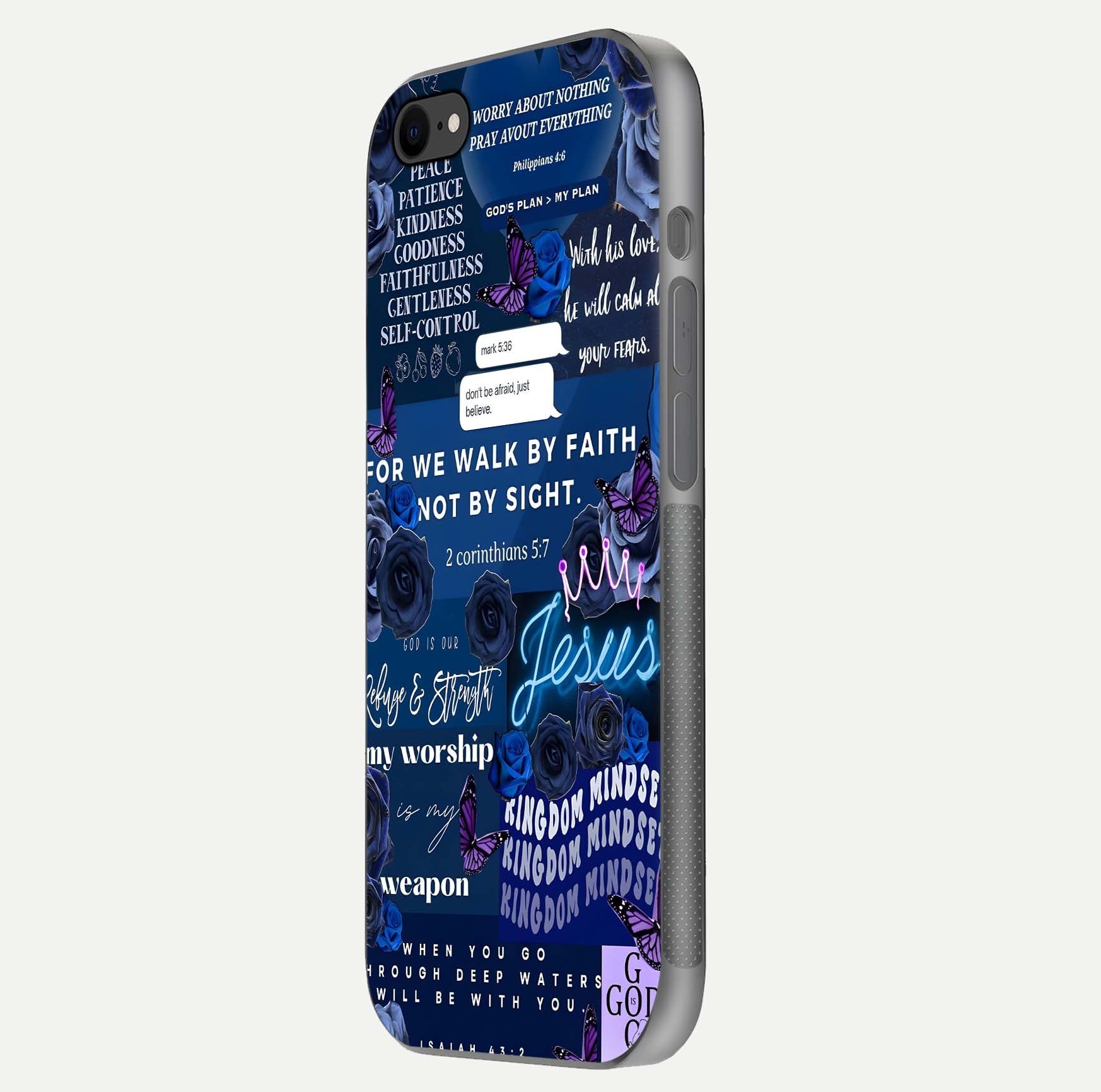 Kingdom Faith Glow Glass Case for iPhone 7 side-angle image with reflective cross and faith glow