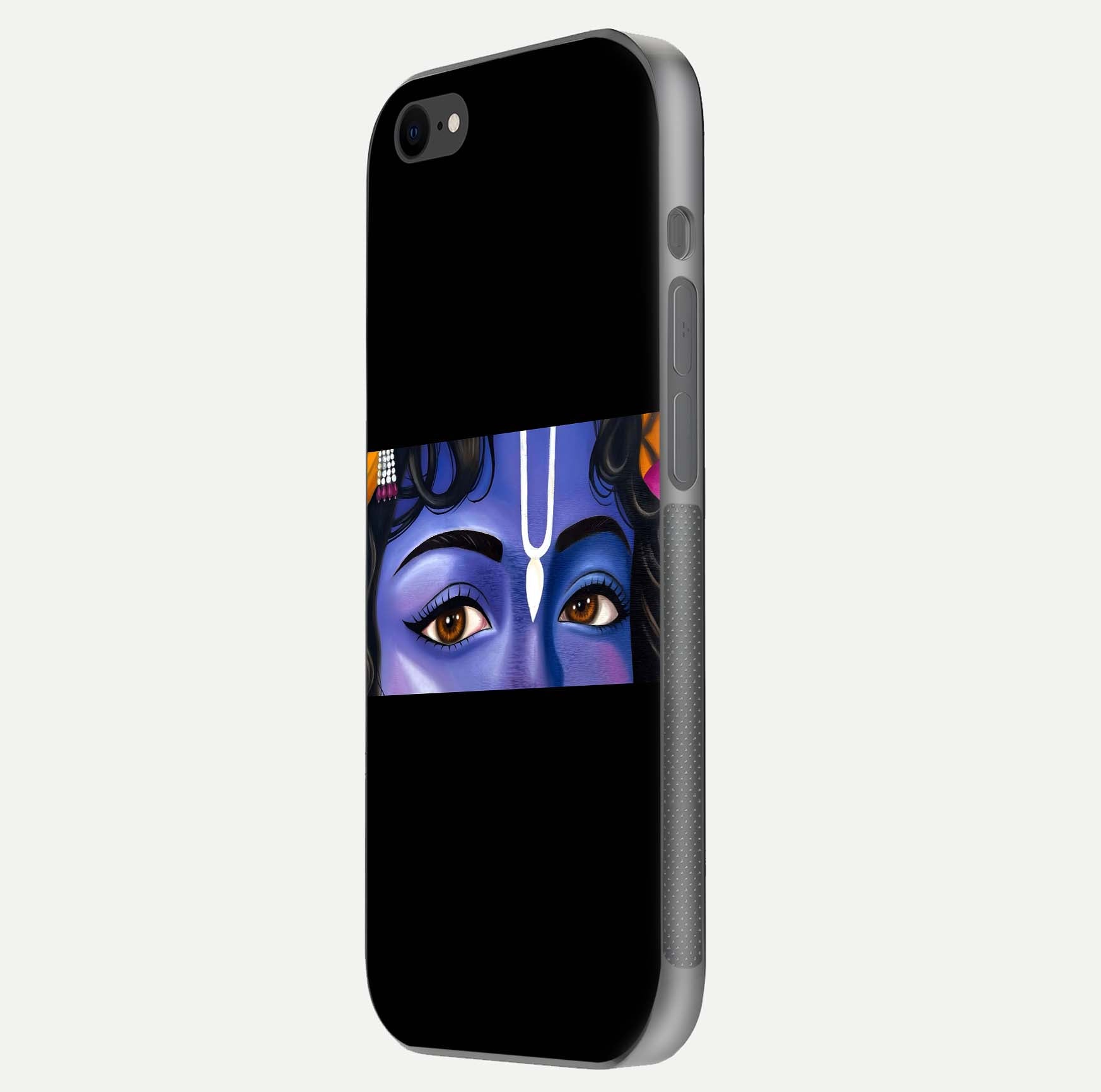 Krishna Eye Glass Case for iPhone 7 side-angle image showing reflection clarity and Krishna symbol design