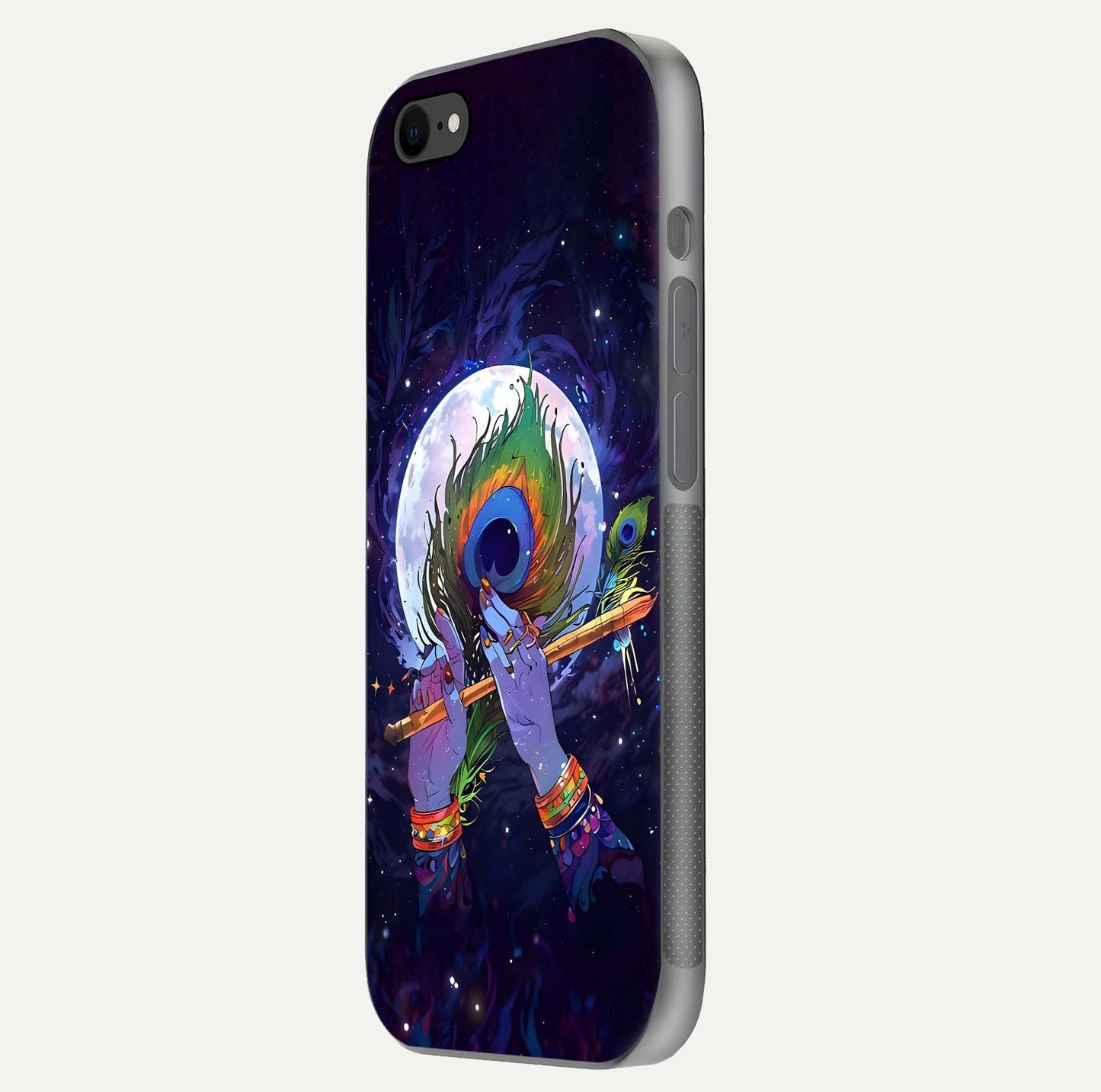 Krishna Hands Art Glass Case for iPhone 7 side-angle image highlighting reflection brightness and vivid print