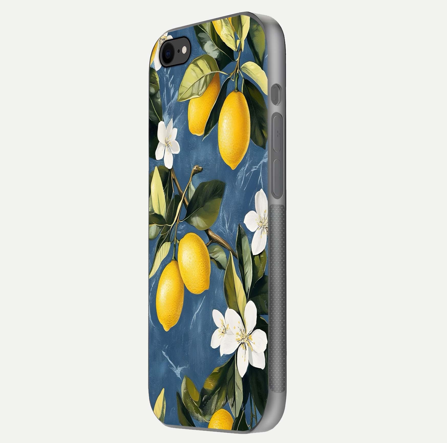 Lemon Dream Garden Glass Case for iPhone 7 side-angle image showing reflection clarity and artistic fruit design