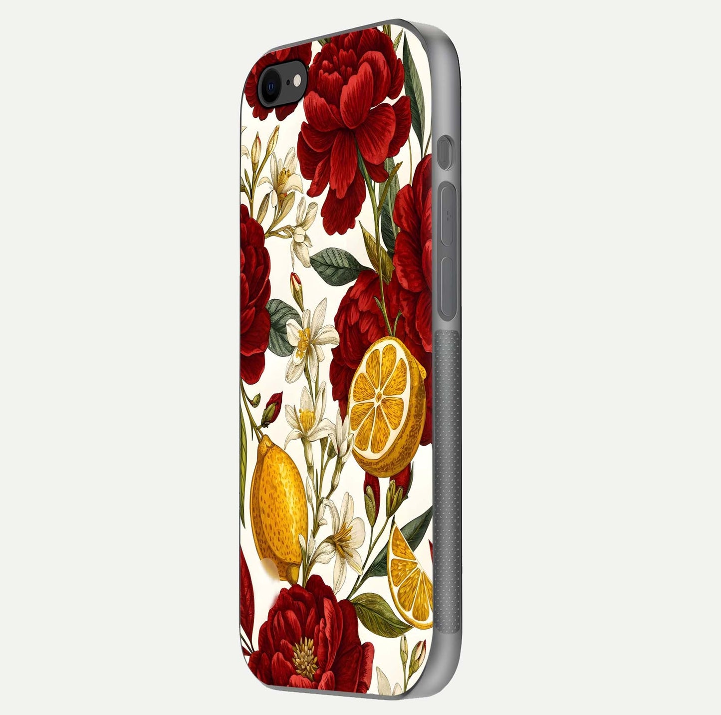 Lemon Rose Charm Glass Case for iPhone 7 side-angle image revealing reflection depth and vibrant flower art
