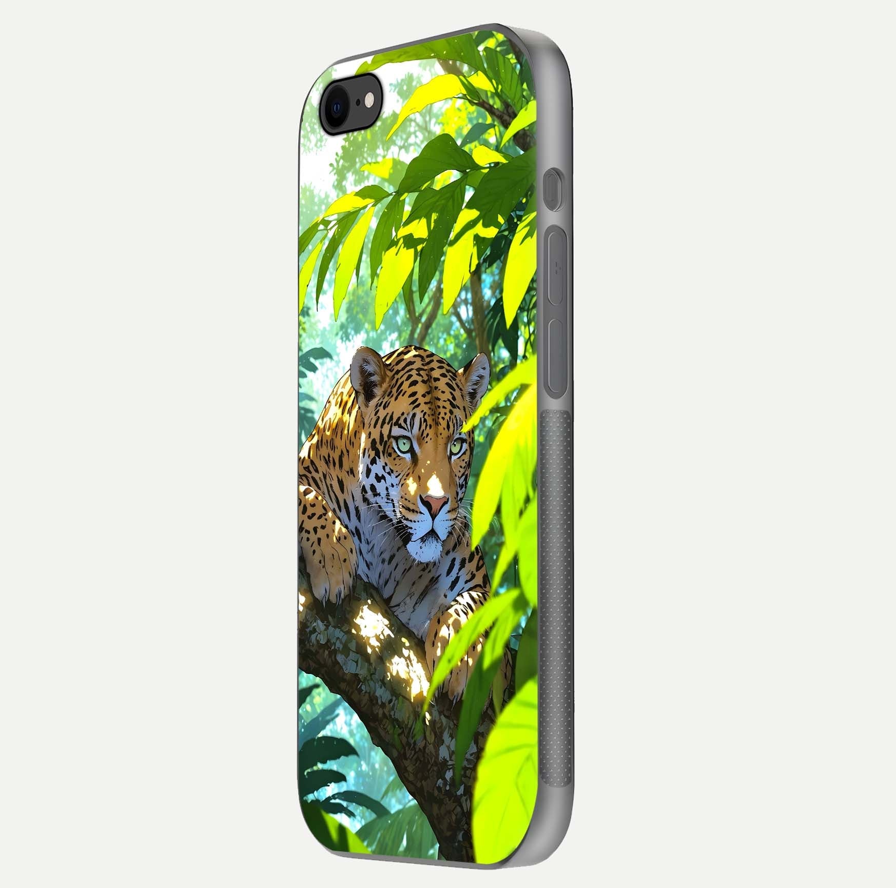 Leopard in Jungle Glass Case for iPhone 7 side-angle shot emphasizing contrast and fierce design clarity
